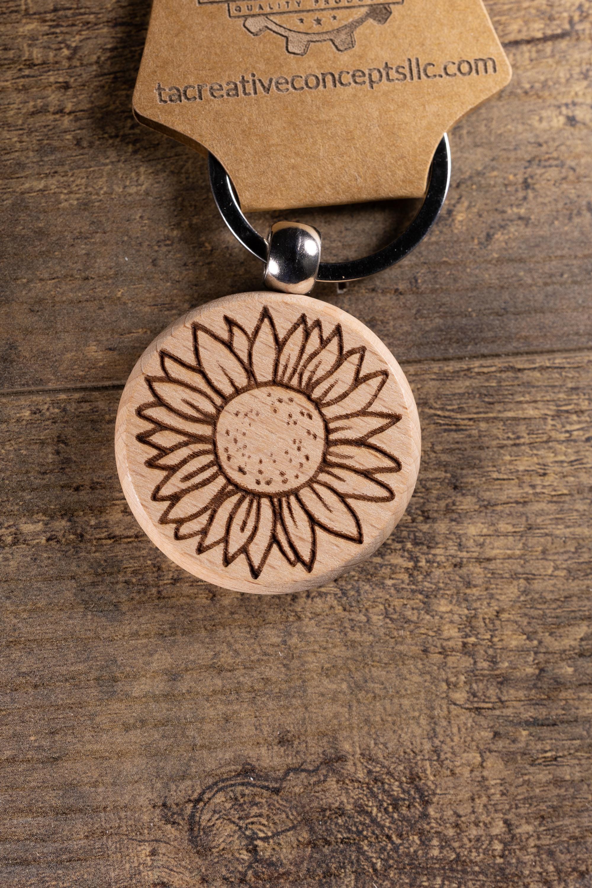 Laser Engraved Wood Sunflower Keychain / Bag Charm – Hardwood with Stainless Hardware – Flower Lover Gift