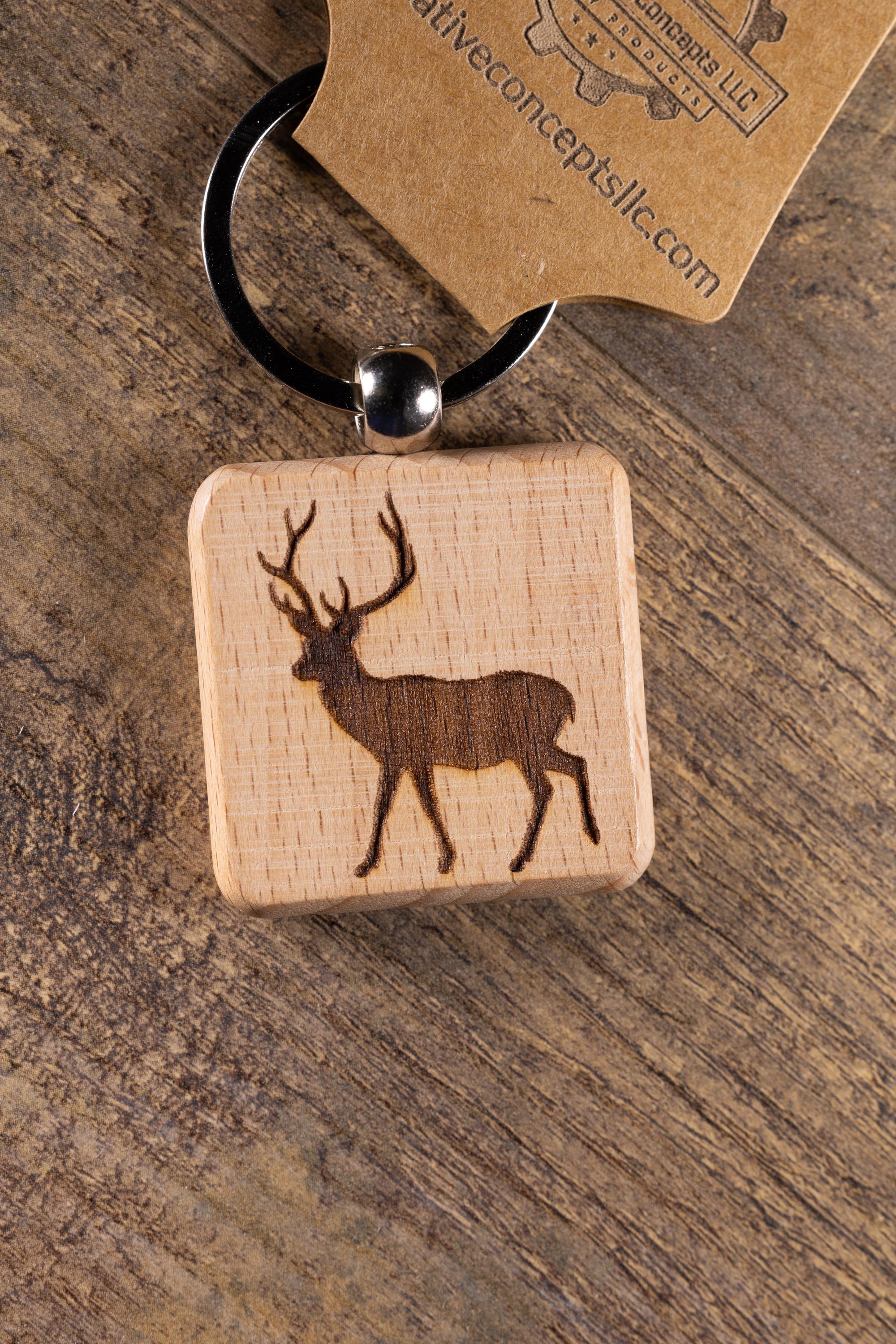 Laser Engraved Wood Buck Keychain / Bag Charm – Hardwood with Stainless Hardware – Deer Hunter Gift