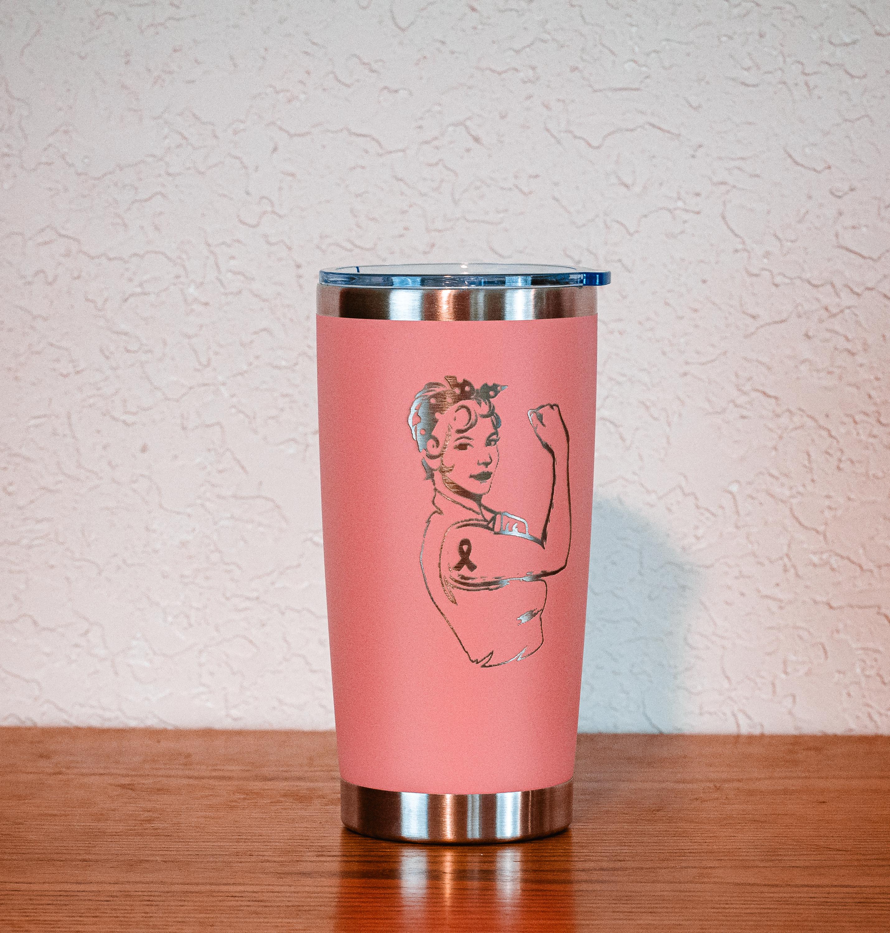 Pink woman 20oz stainless steel tumbler – breast cancer awareness – five dollar donation to susan g. komen foundation