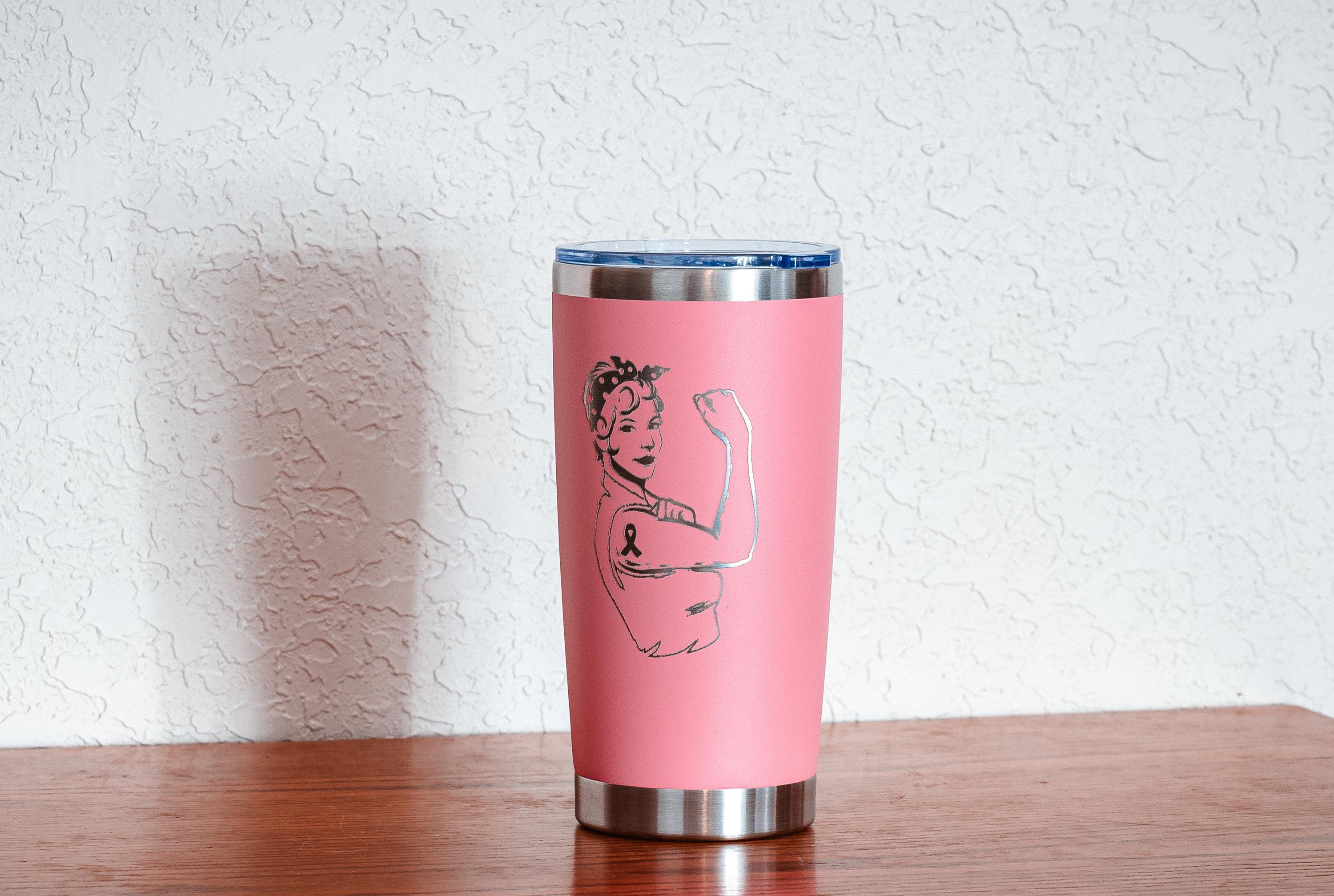 Pink woman 20oz stainless steel tumbler – breast cancer awareness – five dollar donation to susan g. komen foundation