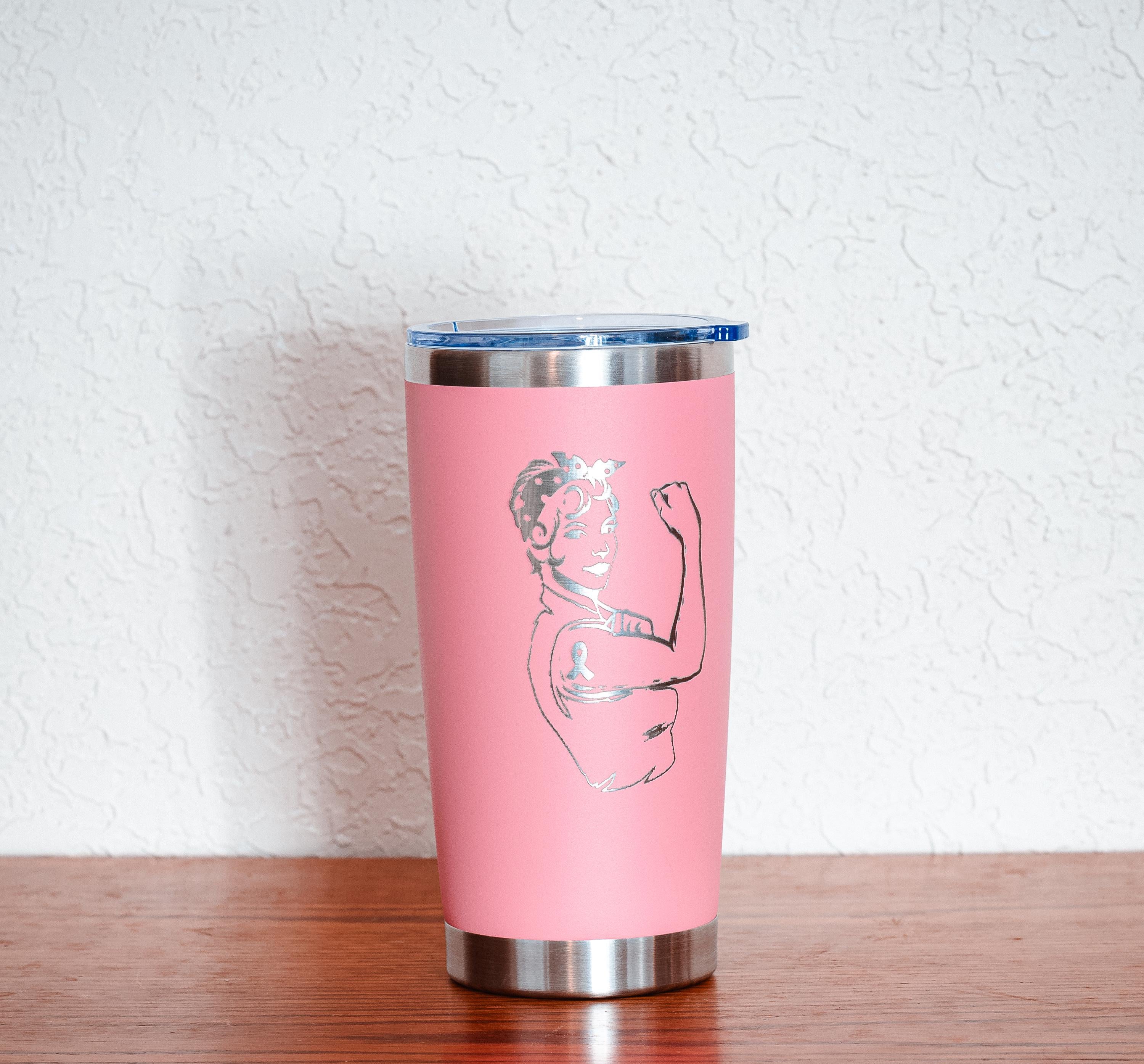 Pink woman 20oz stainless steel tumbler – breast cancer awareness – five dollar donation to susan g. komen foundation