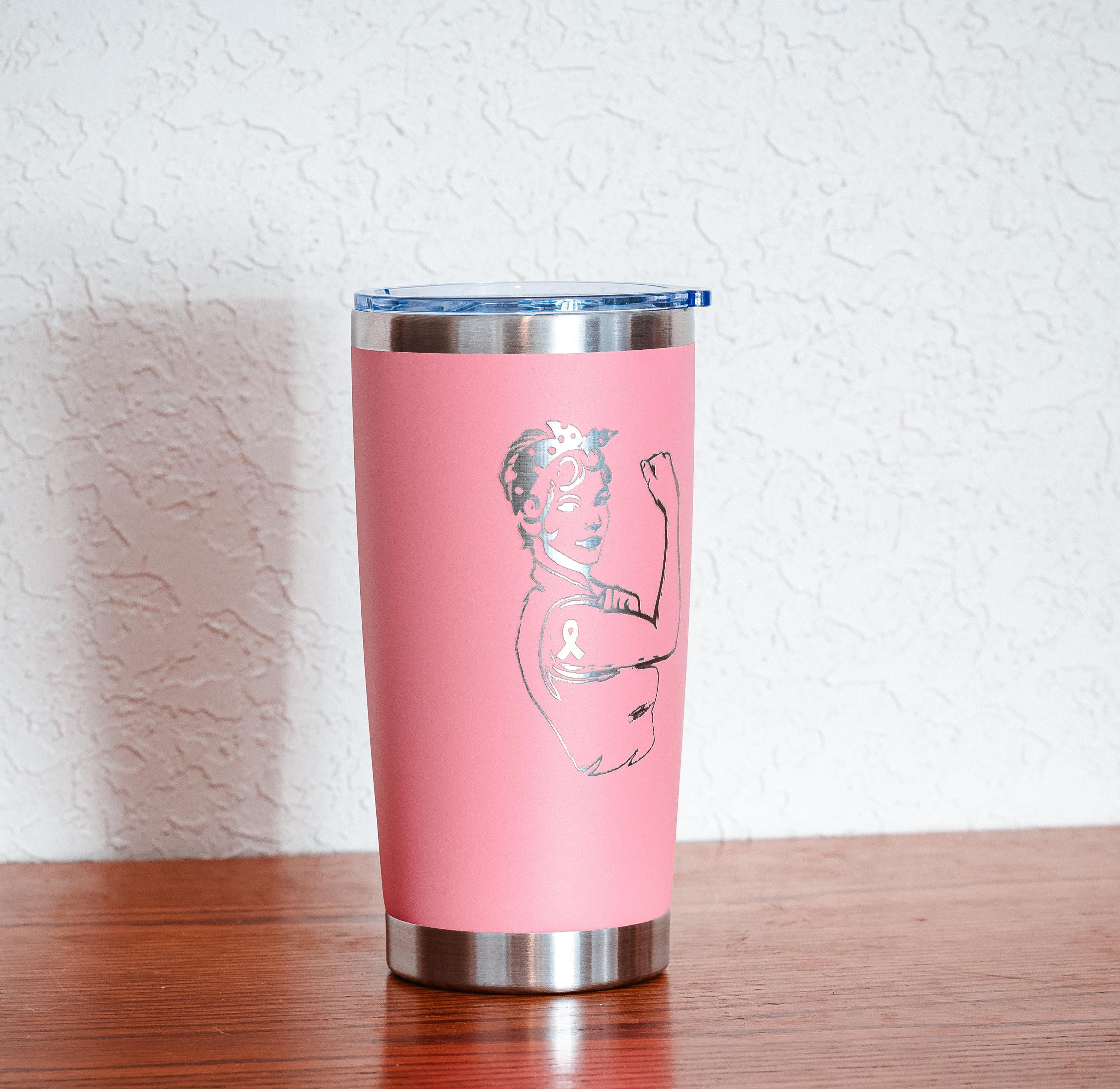 Pink woman 20oz stainless steel tumbler – breast cancer awareness – five dollar donation to susan g. komen foundation