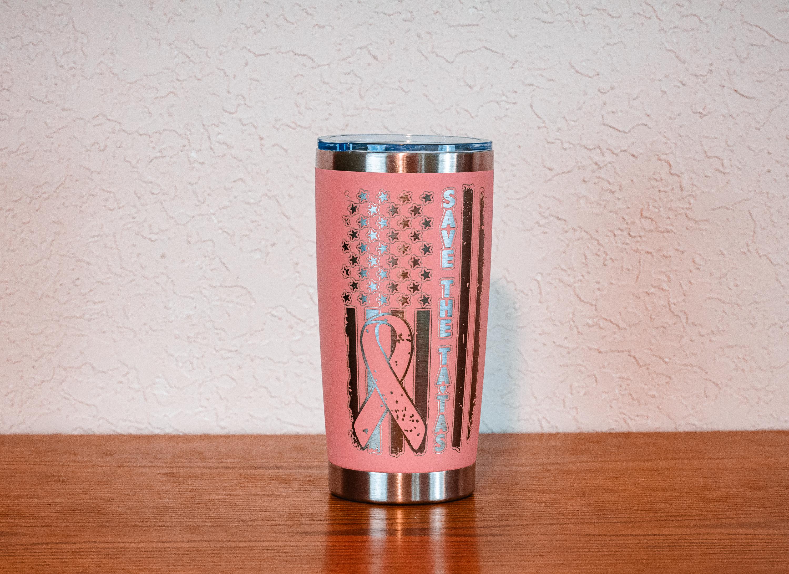 Pink “save the tatas” 20oz stainless steel tumbler – breast cancer awareness – five dollar donation to susan g. komen foundation