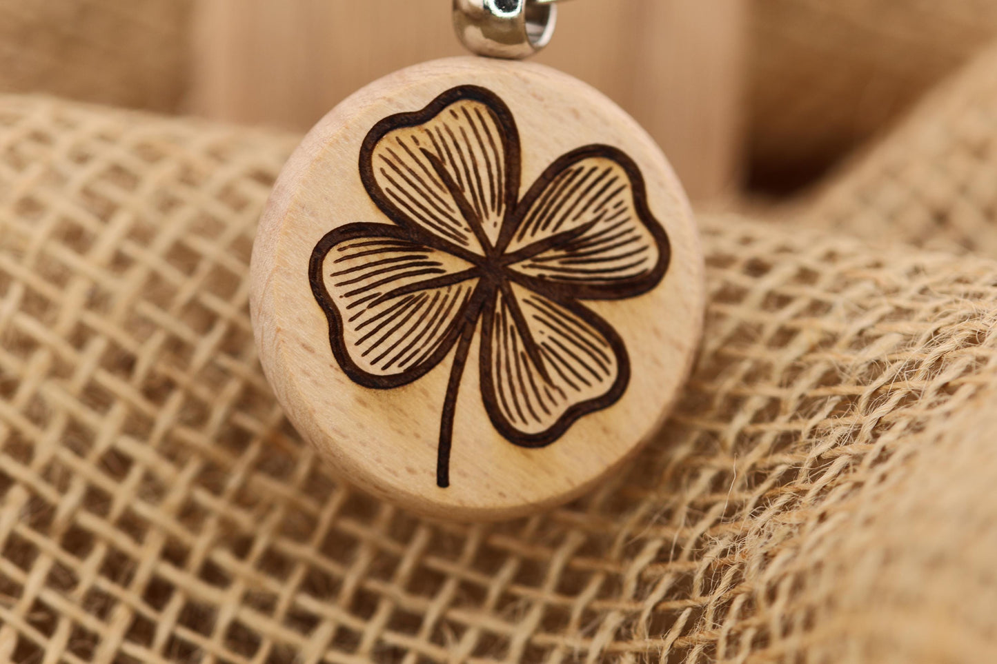 4 Leaf Clover Wood Keychain – Laser Engraved Wooden Key Ring, Lucky Charm Gift, Rustic St. Patrick’s Day Accessory, Handmade Keychain