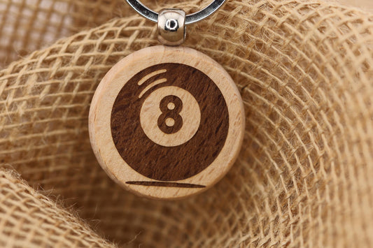 8 Ball Wood Keychain – Laser Engraved Wooden Key Ring, Billiards Pool Gift, Rustic Game Room Accessory, Lucky 8 Ball Keychain