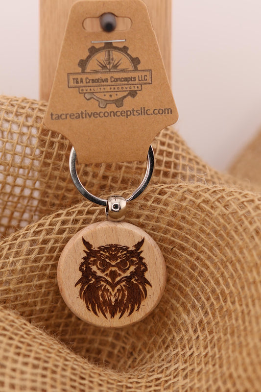 Abstract Owl Wood Keychain – Laser Engraved Wooden Key Ring, Rustic Wildlife Gift, Handmade Nature Accessory, Boho Animal Keychain