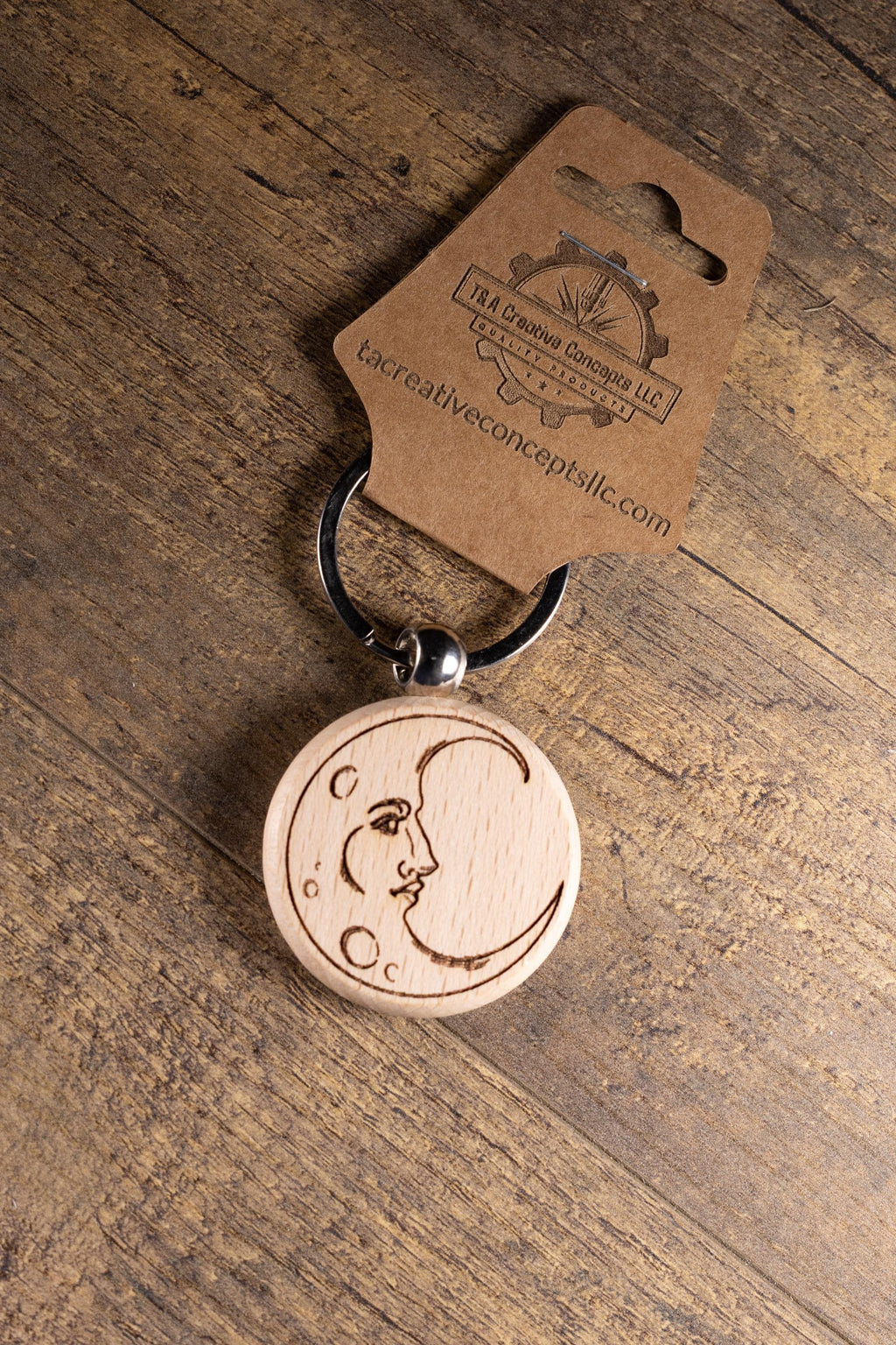 Laser Engraved Moon Keychain / Bag Charm – Hardwood with Stainless Hardware – Celestial Lover Gift