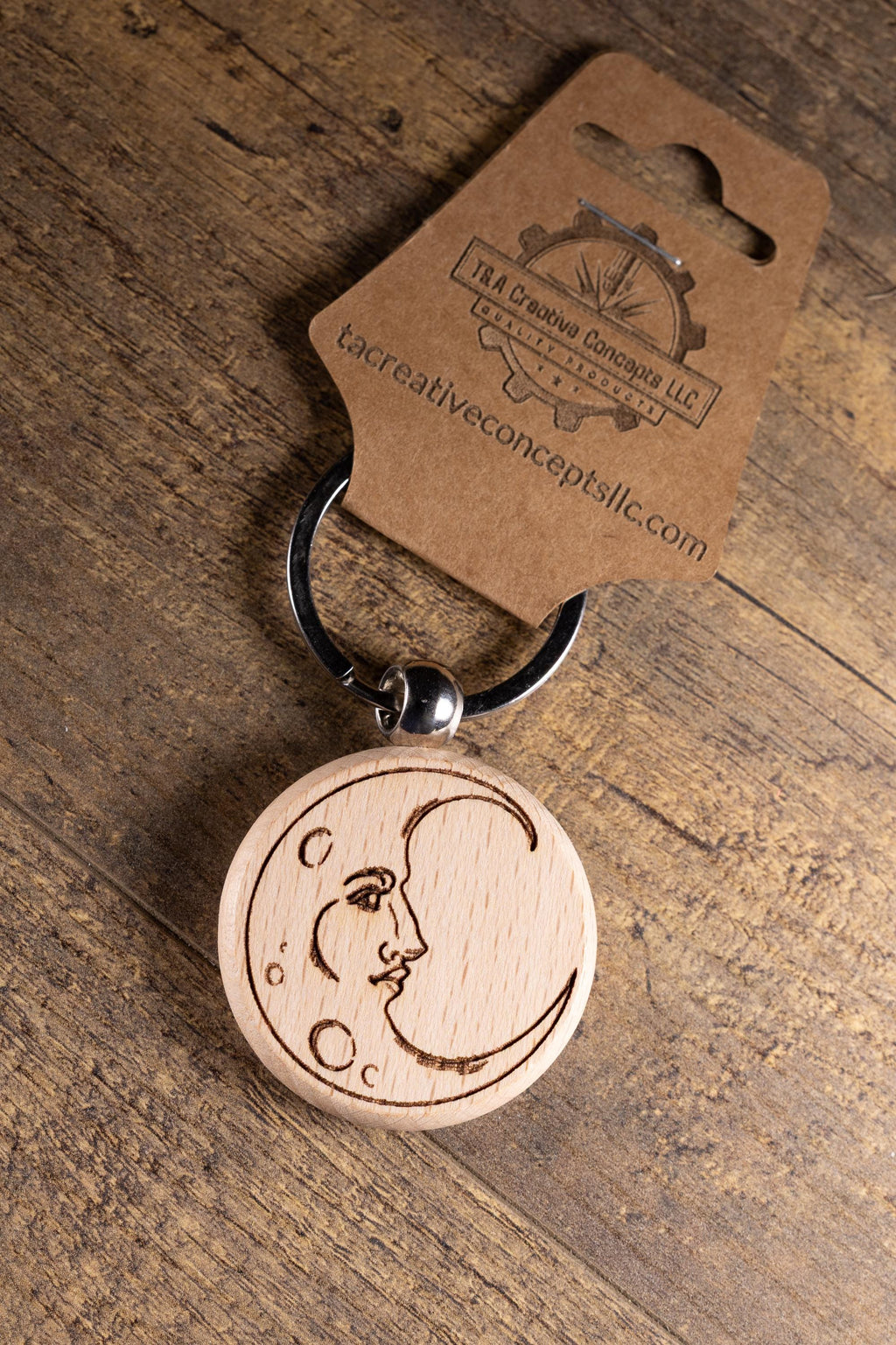 Laser Engraved Moon Keychain / Bag Charm – Hardwood with Stainless Hardware – Celestial Lover Gift