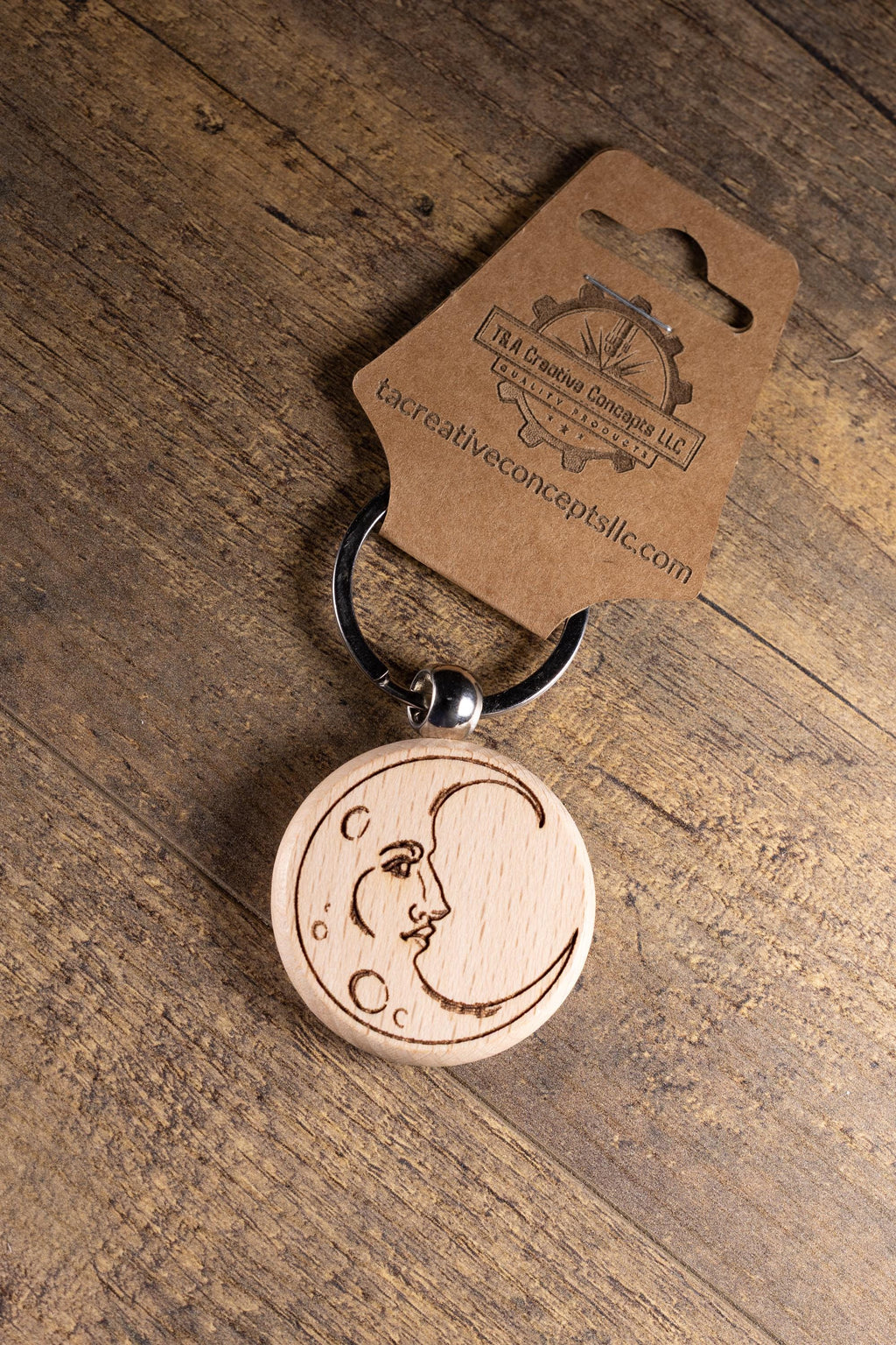 Laser Engraved Moon Keychain / Bag Charm – Hardwood with Stainless Hardware – Celestial Lover Gift