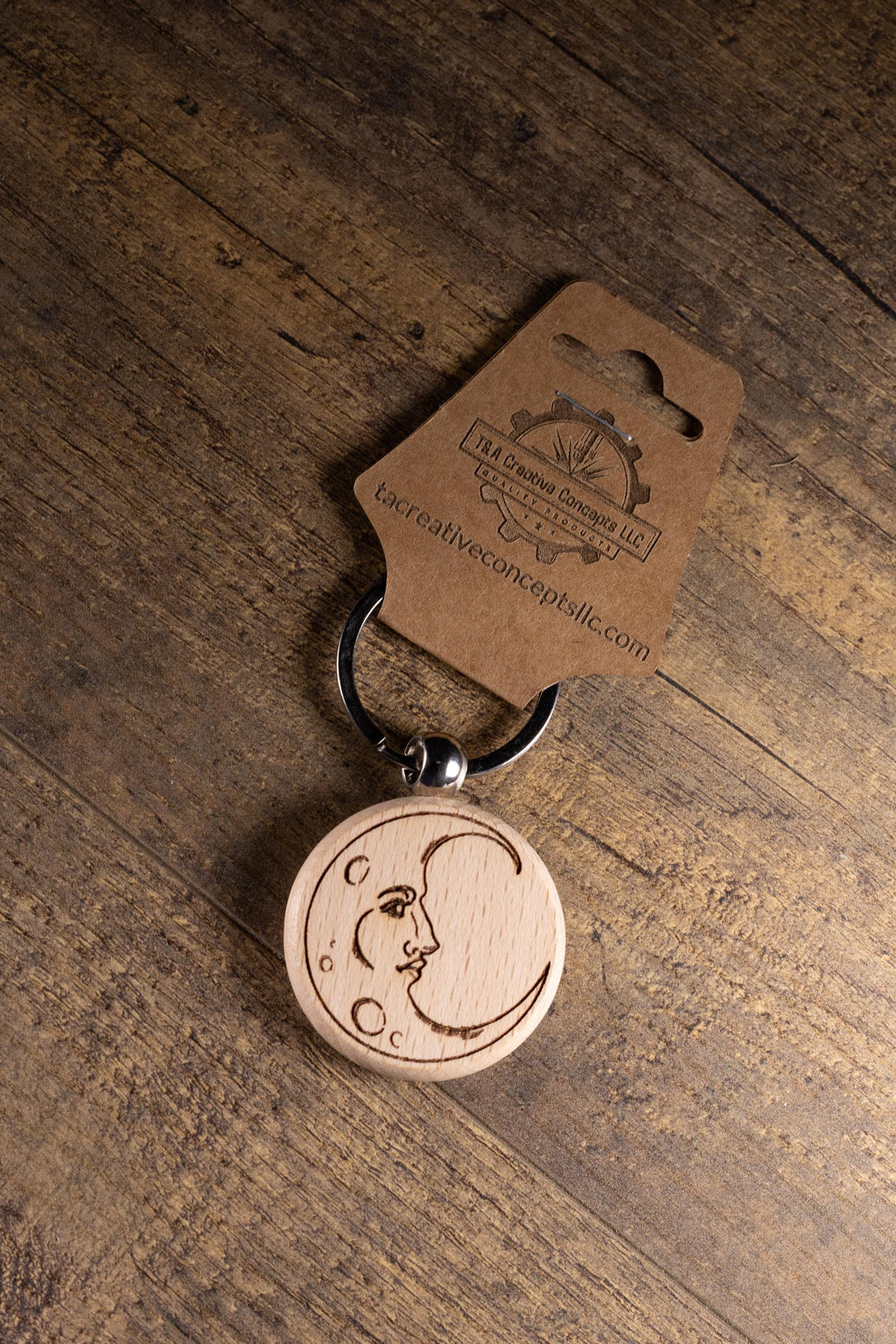 Laser Engraved Moon Keychain / Bag Charm – Hardwood with Stainless Hardware – Celestial Lover Gift