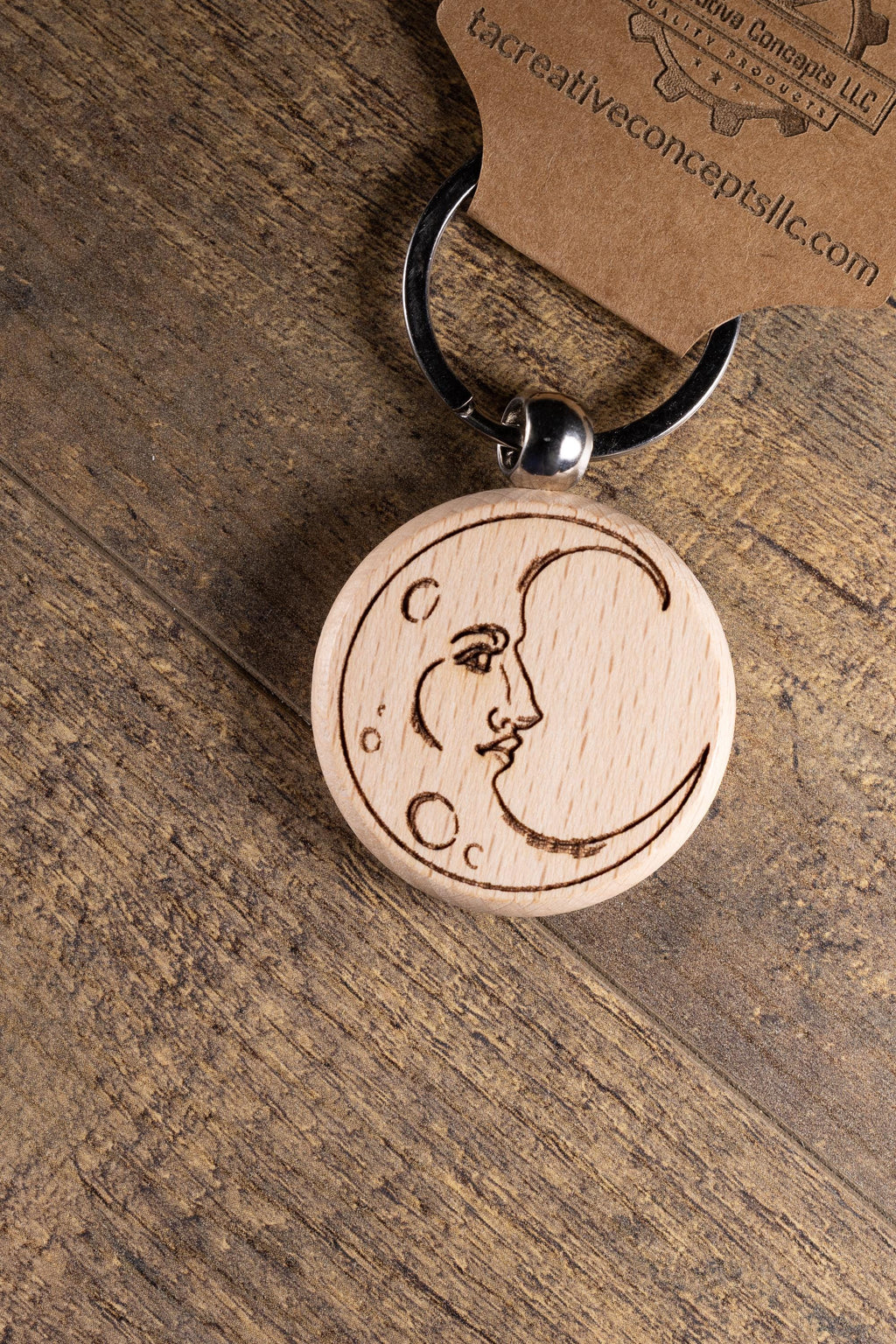 Laser Engraved Moon Keychain / Bag Charm – Hardwood with Stainless Hardware – Celestial Lover Gift