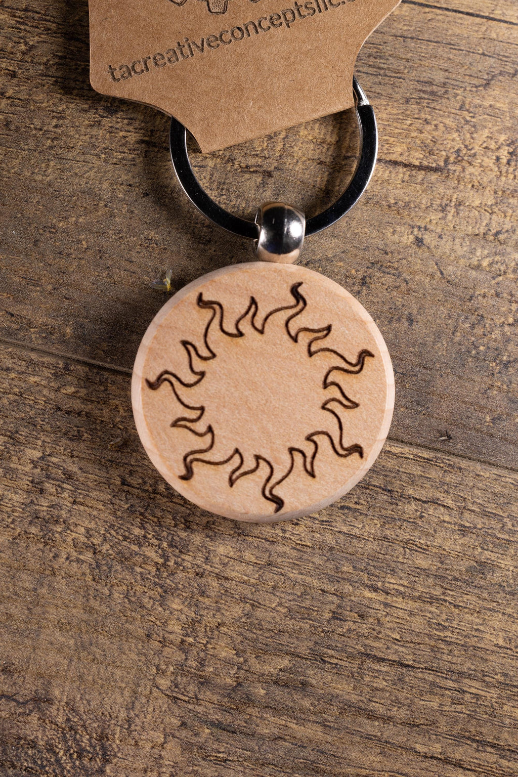Laser Engraved Wood Sun Keychain / Bag Charm – Hardwood with Stainless Hardware – Celestial Sunshine Gift