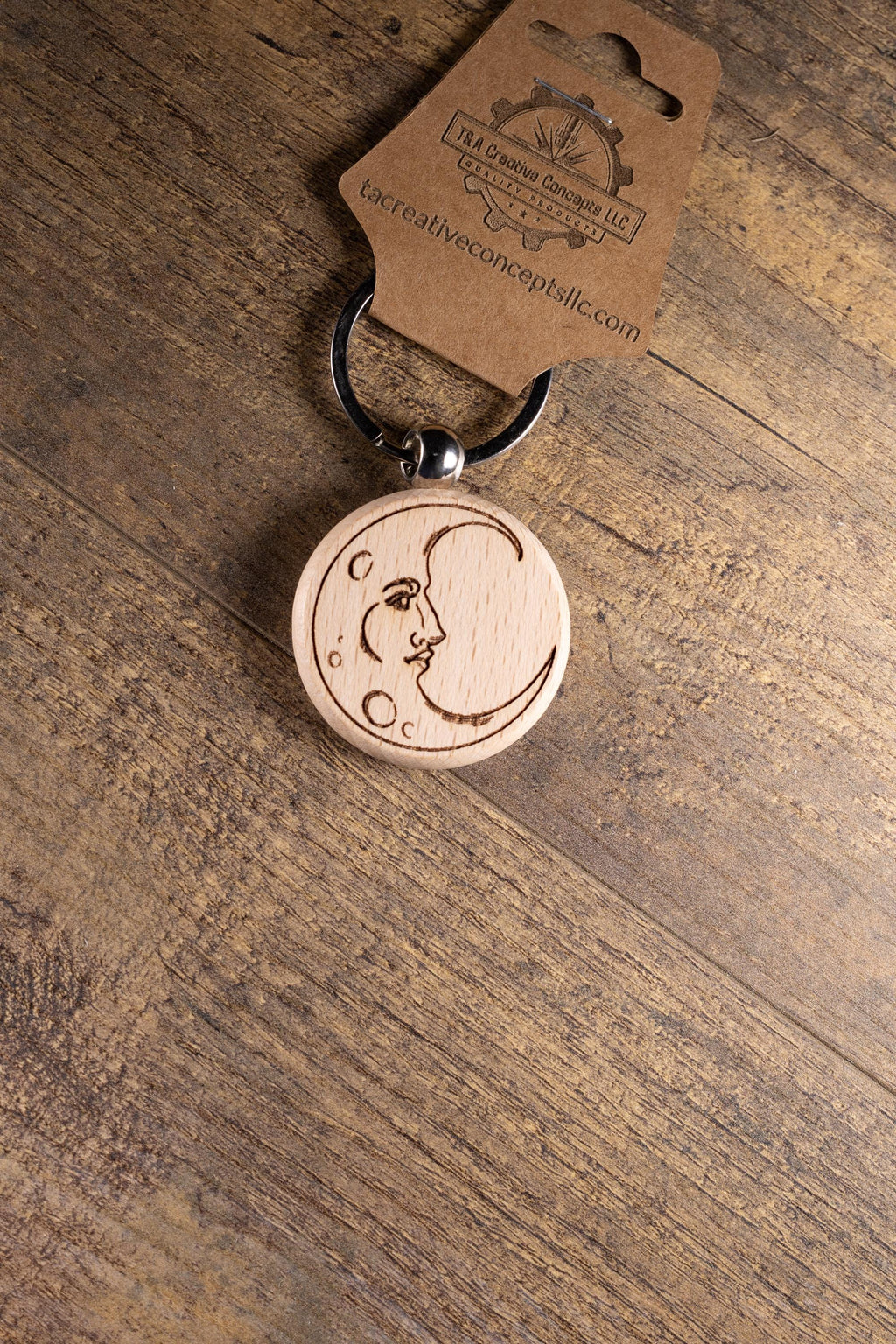 Laser Engraved Moon Keychain / Bag Charm – Hardwood with Stainless Hardware – Celestial Lover Gift