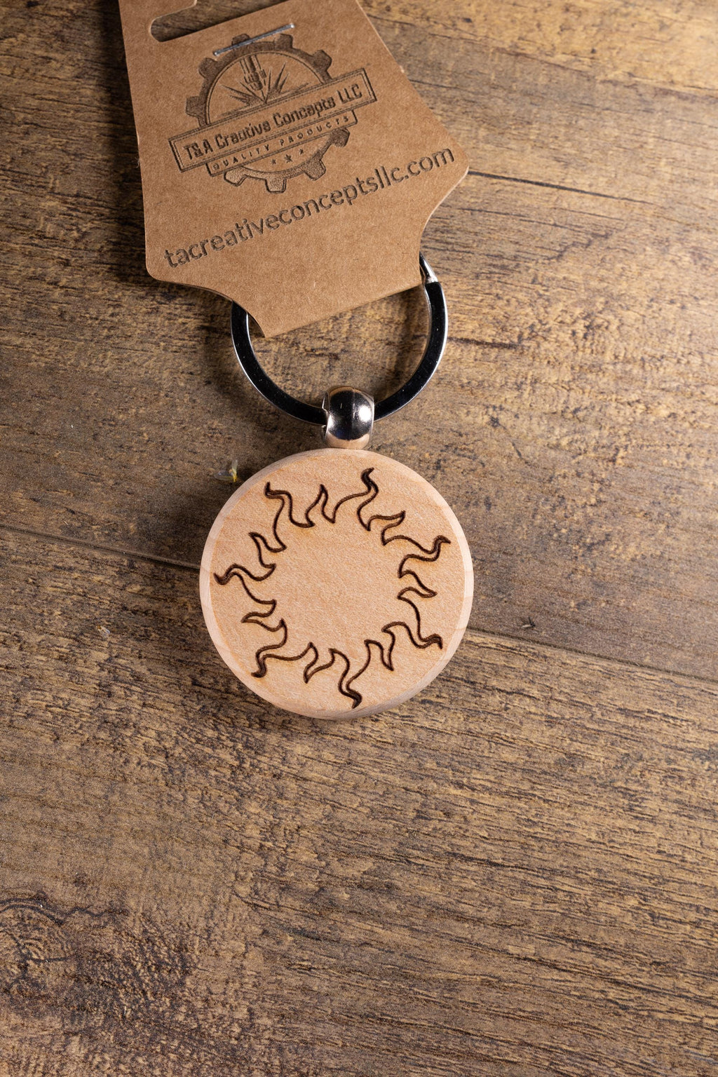 Laser Engraved Wood Sun Keychain / Bag Charm – Hardwood with Stainless Hardware – Celestial Sunshine Gift