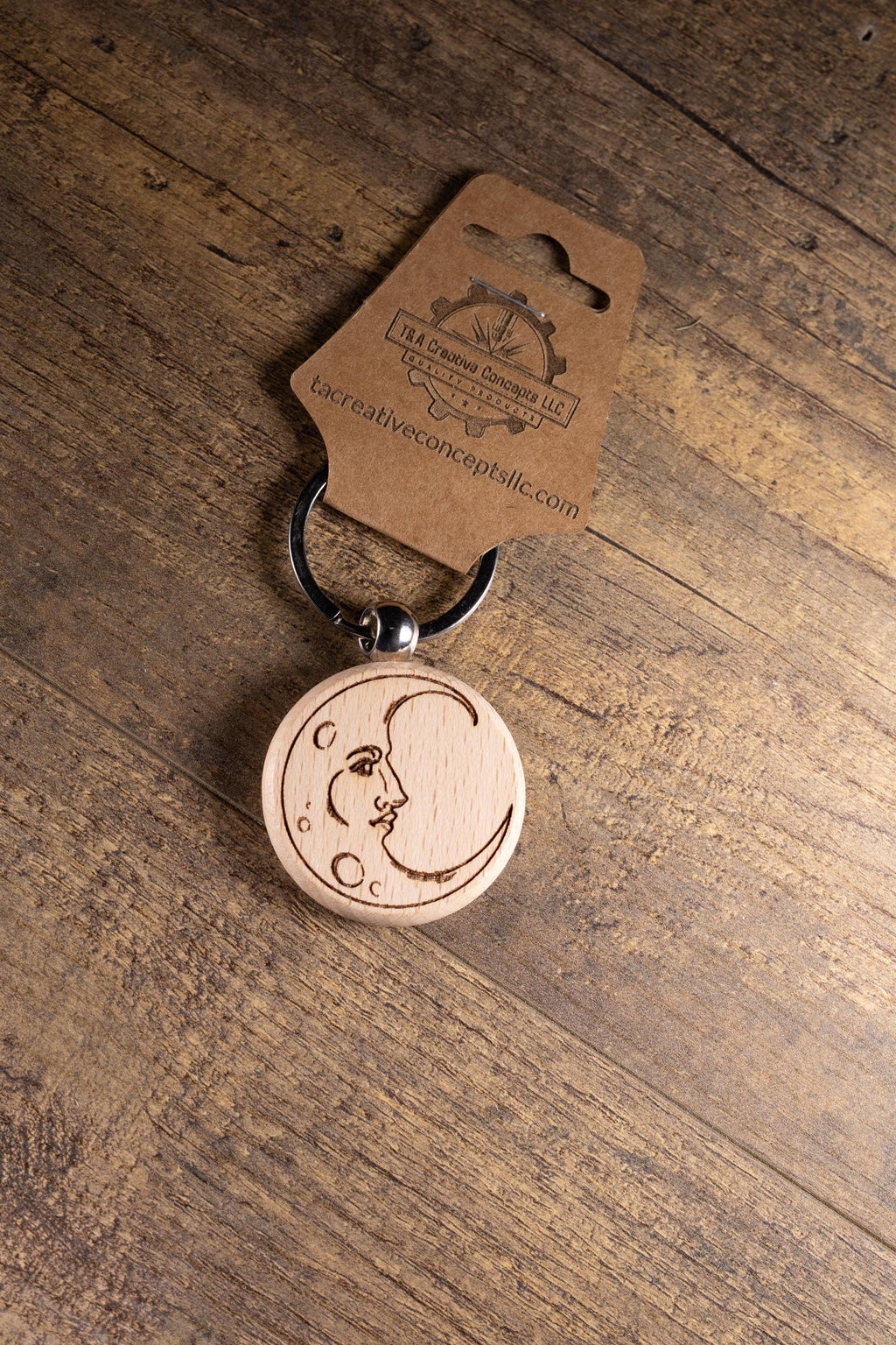 Laser Engraved Moon Keychain / Bag Charm – Hardwood with Stainless Hardware – Celestial Lover Gift