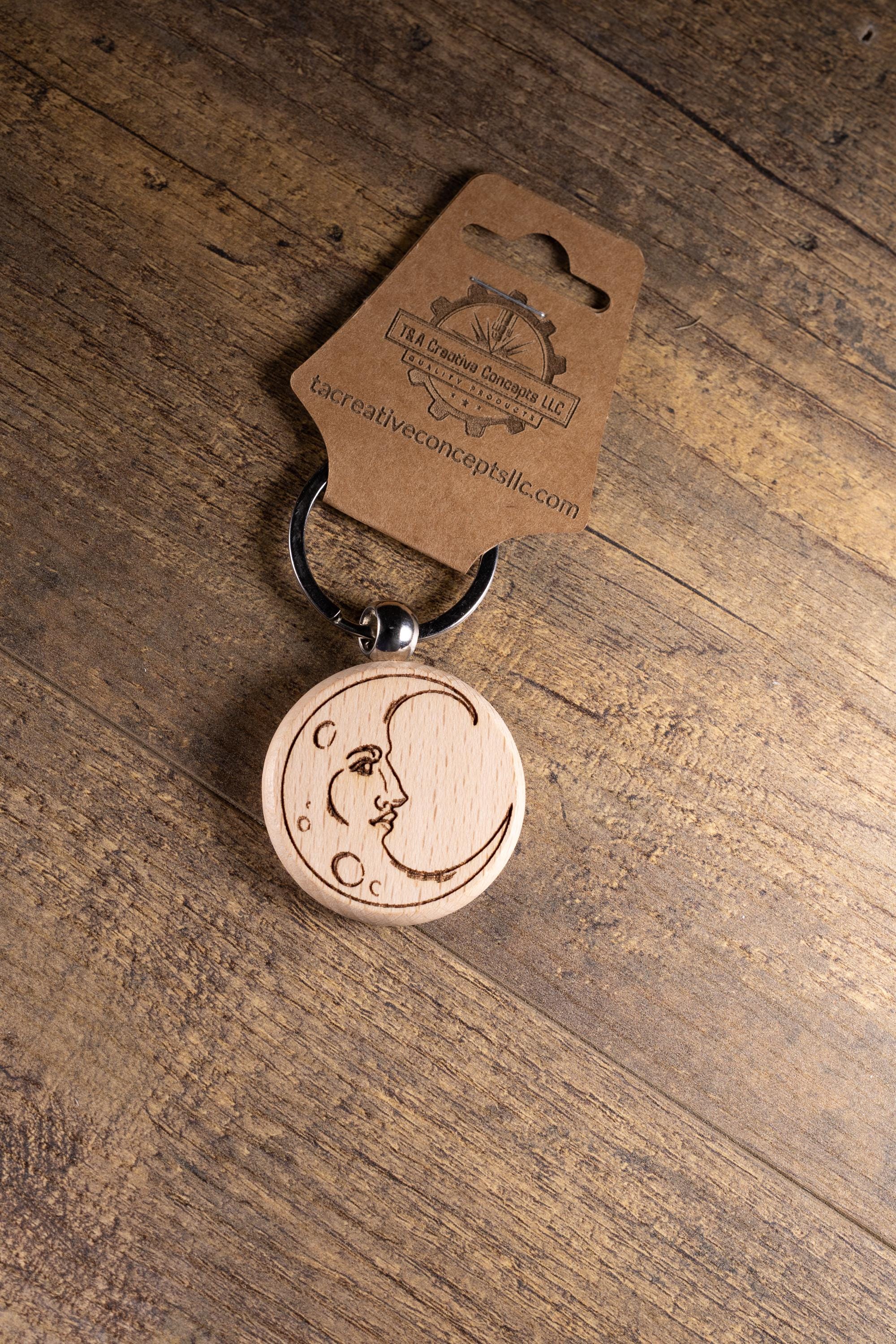 Laser Engraved Moon Keychain / Bag Charm – Hardwood with Stainless Hardware – Celestial Lover Gift