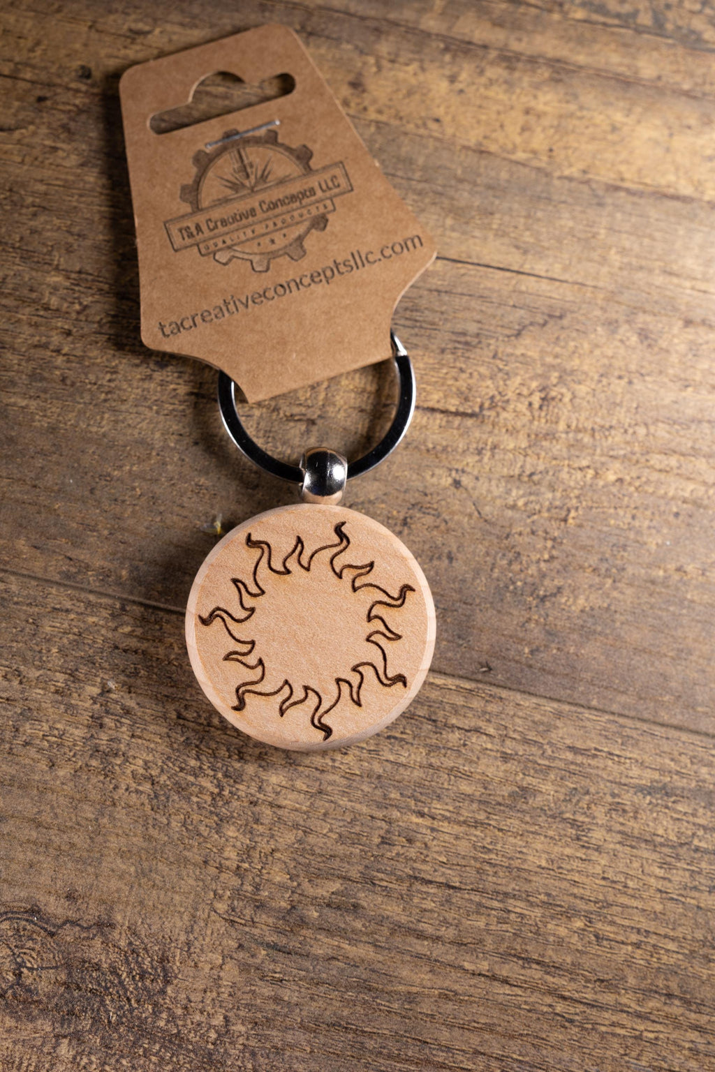 Laser Engraved Wood Sun Keychain / Bag Charm – Hardwood with Stainless Hardware – Celestial Sunshine Gift