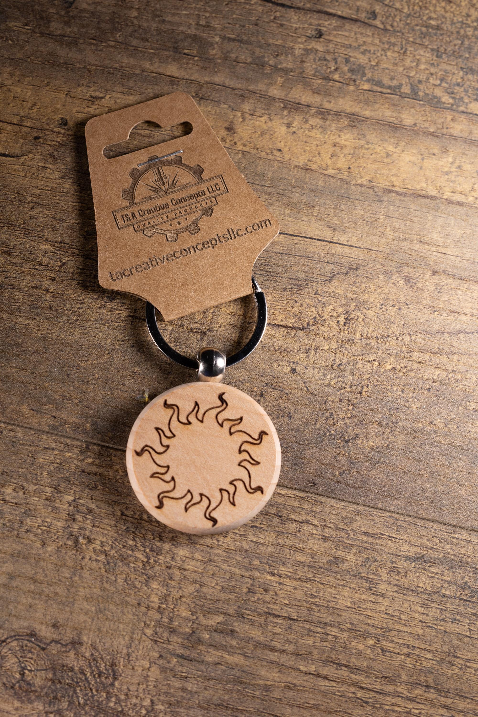 Laser Engraved Wood Sun Keychain / Bag Charm – Hardwood with Stainless Hardware – Celestial Sunshine Gift