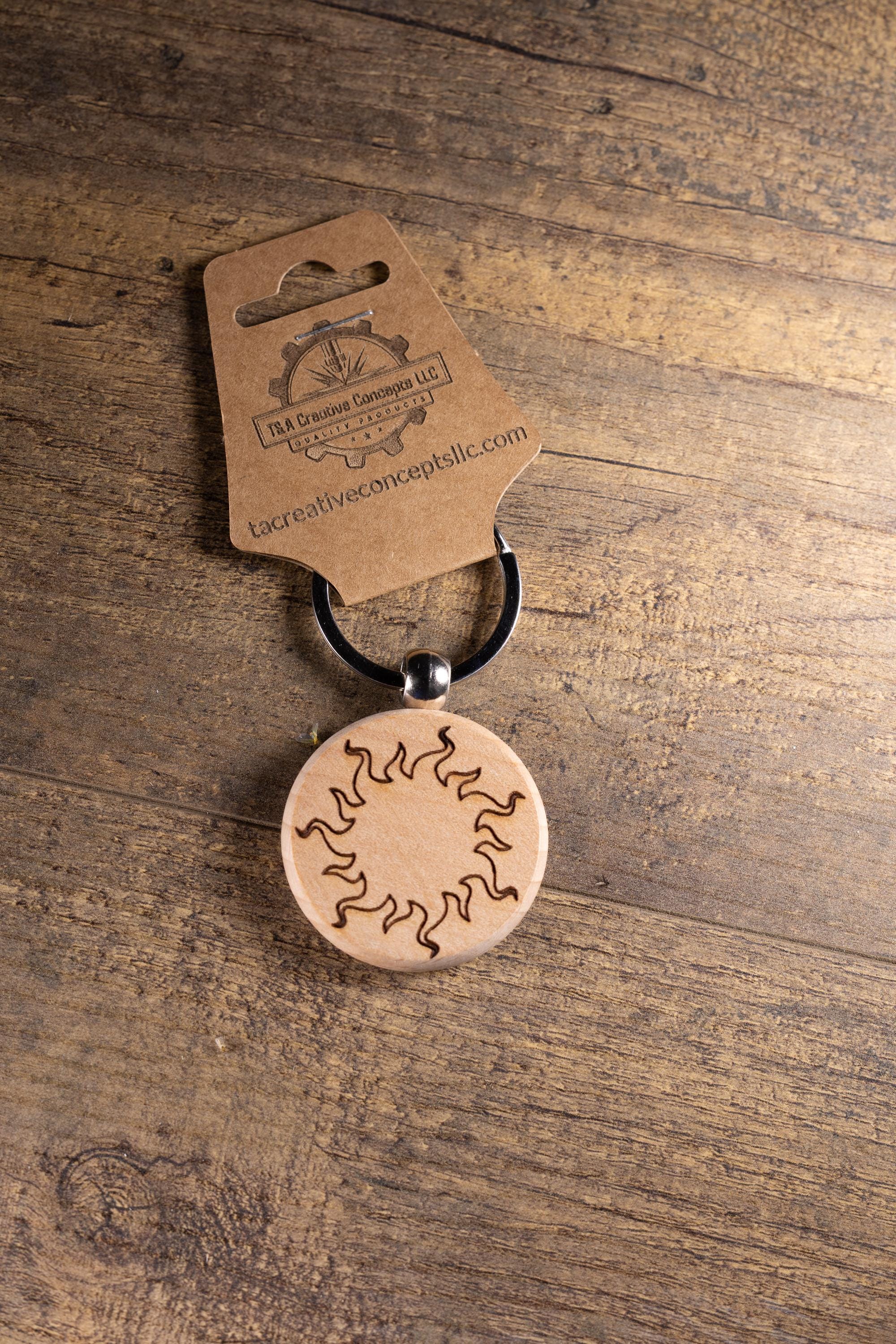 Laser Engraved Wood Sun Keychain / Bag Charm – Hardwood with Stainless Hardware – Celestial Sunshine Gift