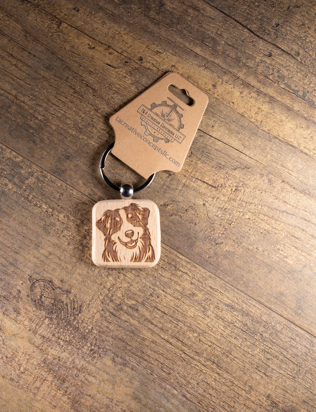 Laser Engraved Wood Australian Shepherd Keychain / Bag Charm – Hardwood with Stainless Hardware – Dog Lover Gift