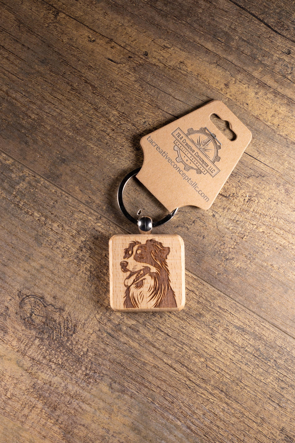 Laser Engraved Wood Australian Shepherd Keychain / Bag Charm – Hardwood with Stainless Hardware – Dog Lover Gift