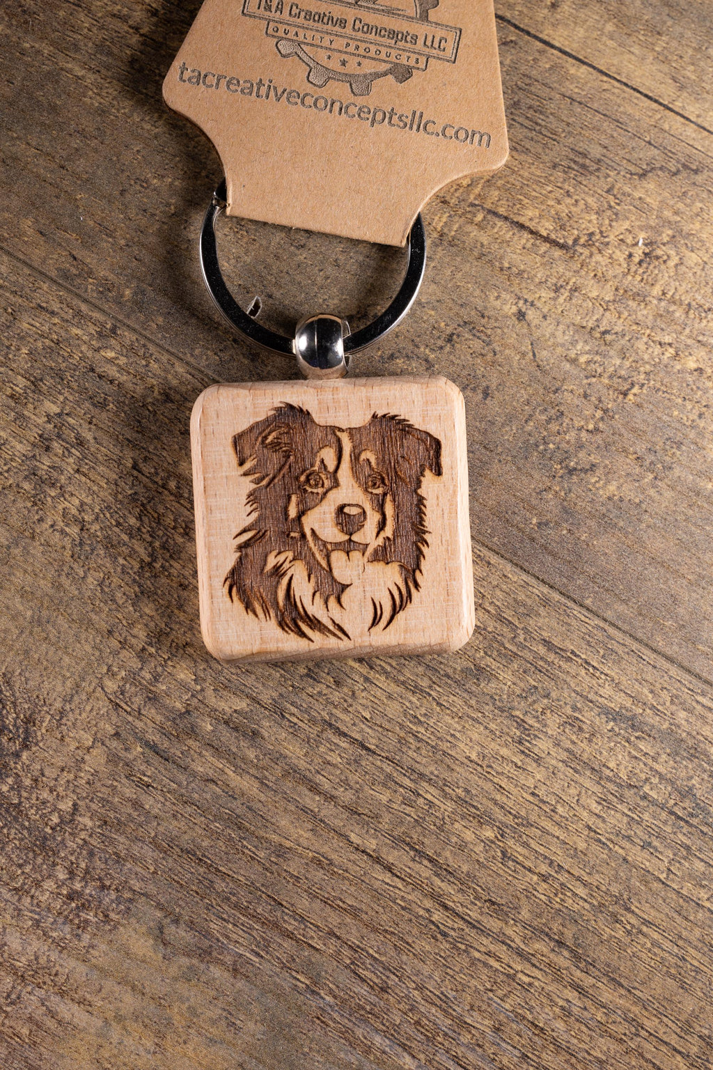 Laser Engraved Wood Australian Shepherd Keychain / Bag Charm – Hardwood with Stainless Hardware – Dog Lover Gift