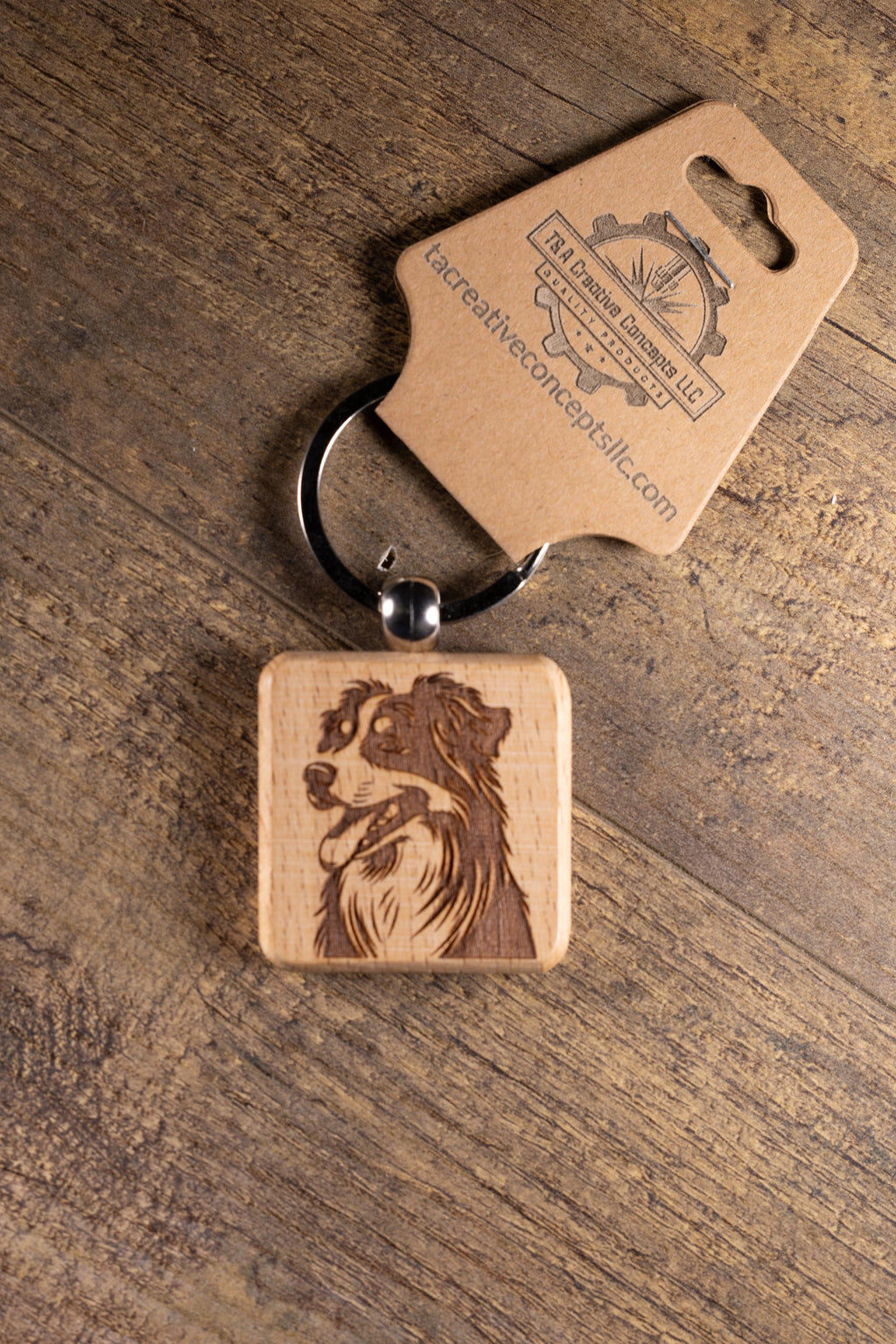 Laser Engraved Wood Australian Shepherd Keychain / Bag Charm – Hardwood with Stainless Hardware – Dog Lover Gift