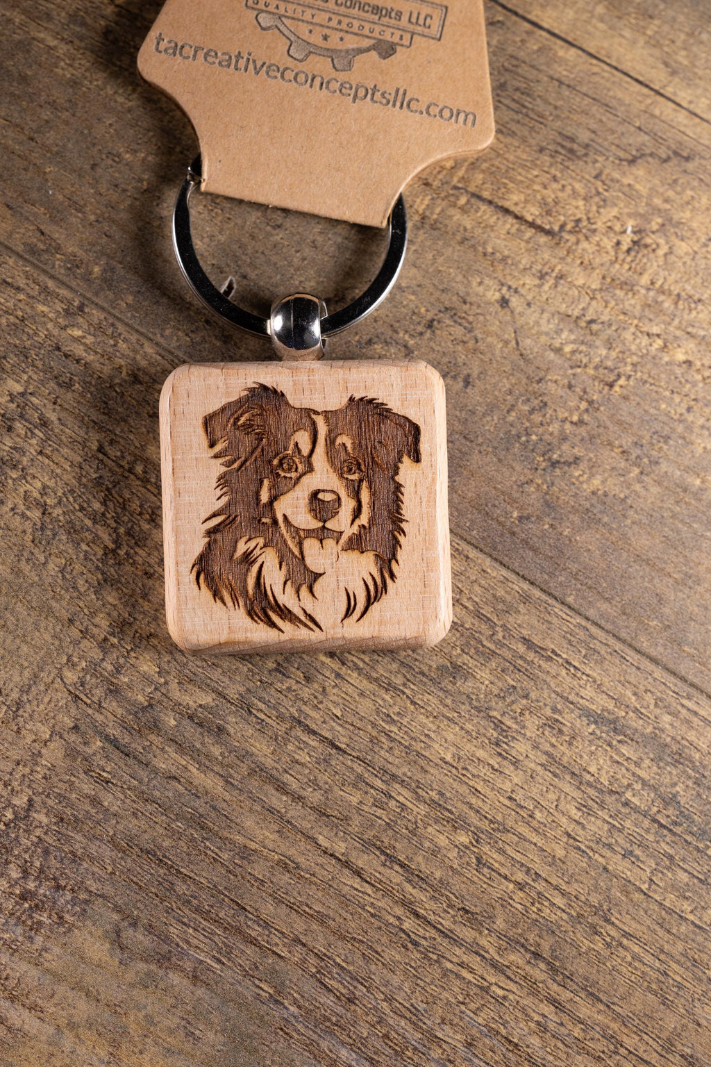 Laser Engraved Wood Australian Shepherd Keychain / Bag Charm – Hardwood with Stainless Hardware – Dog Lover Gift