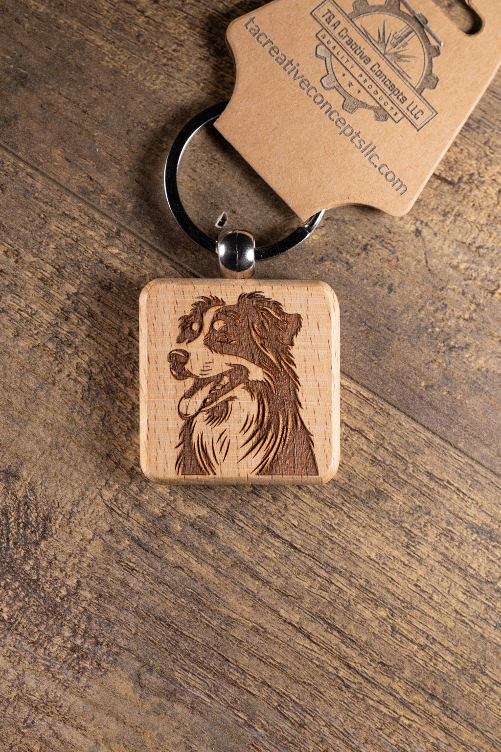 Laser Engraved Wood Australian Shepherd Keychain / Bag Charm – Hardwood with Stainless Hardware – Dog Lover Gift