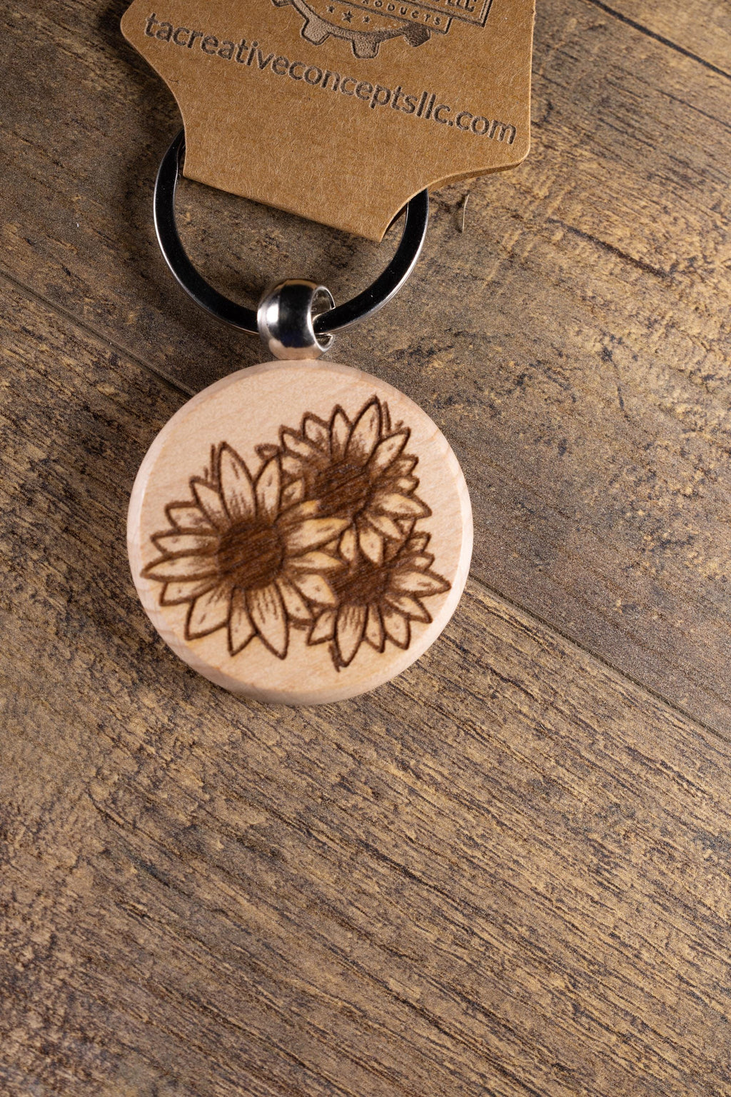 Laser Engraved Wood Sunflower Keychain / Bag Charm – Hardwood with Stainless Hardware – Flower Lover Gift