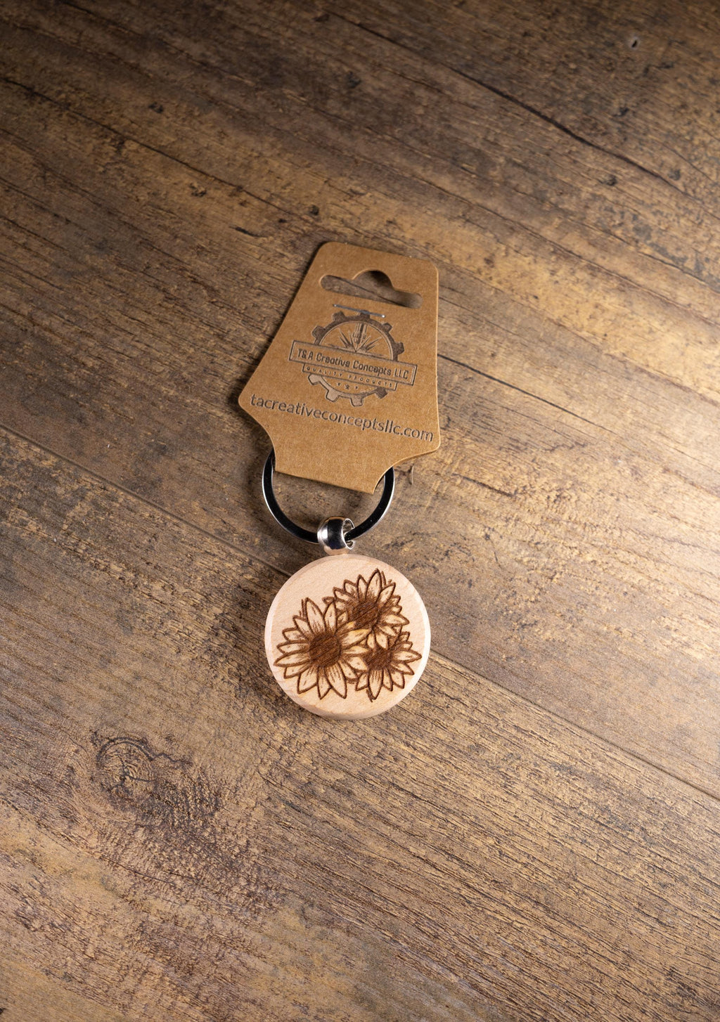 Laser Engraved Wood Sunflower Keychain / Bag Charm – Hardwood with Stainless Hardware – Flower Lover Gift