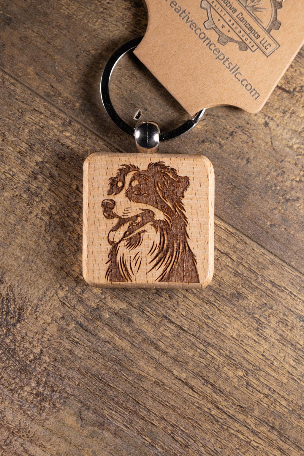 Laser Engraved Wood Australian Shepherd Keychain / Bag Charm – Hardwood with Stainless Hardware – Dog Lover Gift
