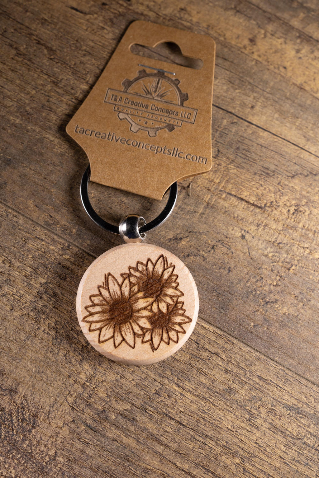 Laser Engraved Wood Sunflower Keychain / Bag Charm – Hardwood with Stainless Hardware – Flower Lover Gift
