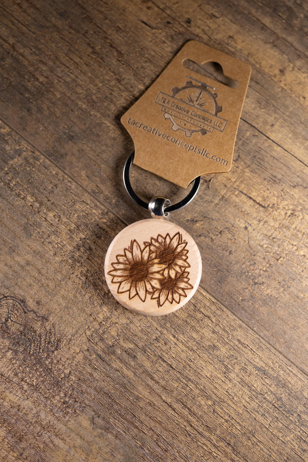 Laser Engraved Wood Sunflower Keychain / Bag Charm – Hardwood with Stainless Hardware – Flower Lover Gift