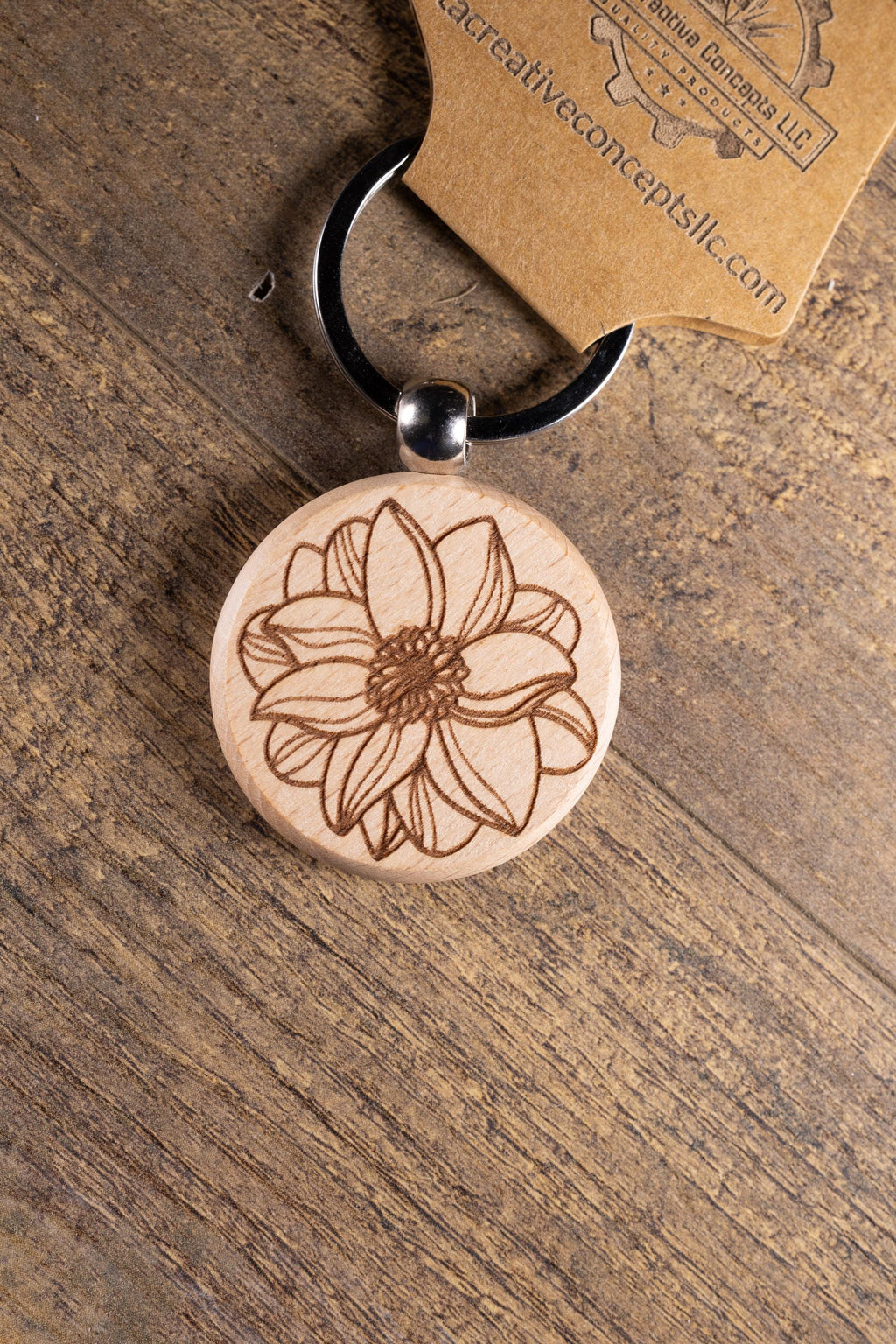 Laser Engraved Wood Flower Mandala Keychain / Bag Charm – Hardwood with Stainless Hardware