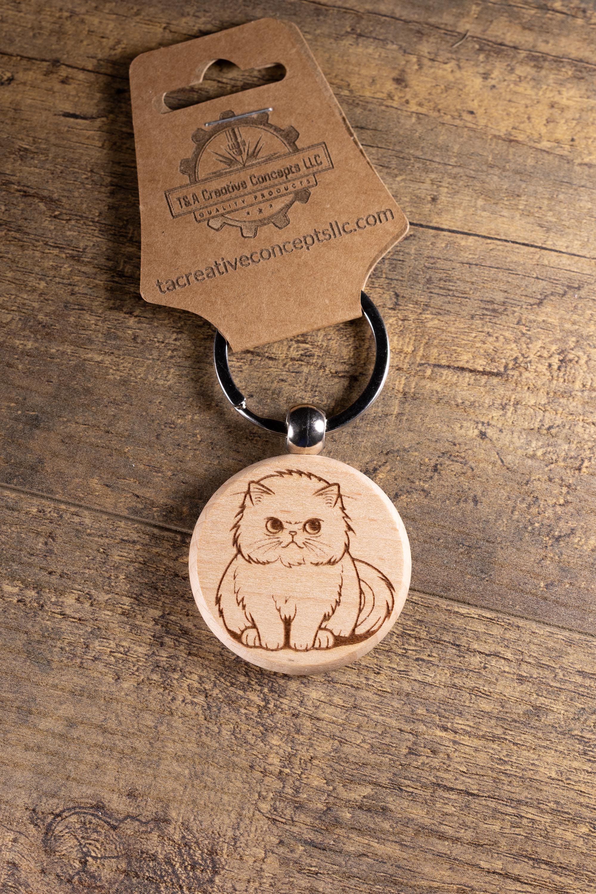 Laser Engraved Wood Cat Keychain / Bag Charm – Cute Cat Lover Gift – Natural Wood Cat Accessory