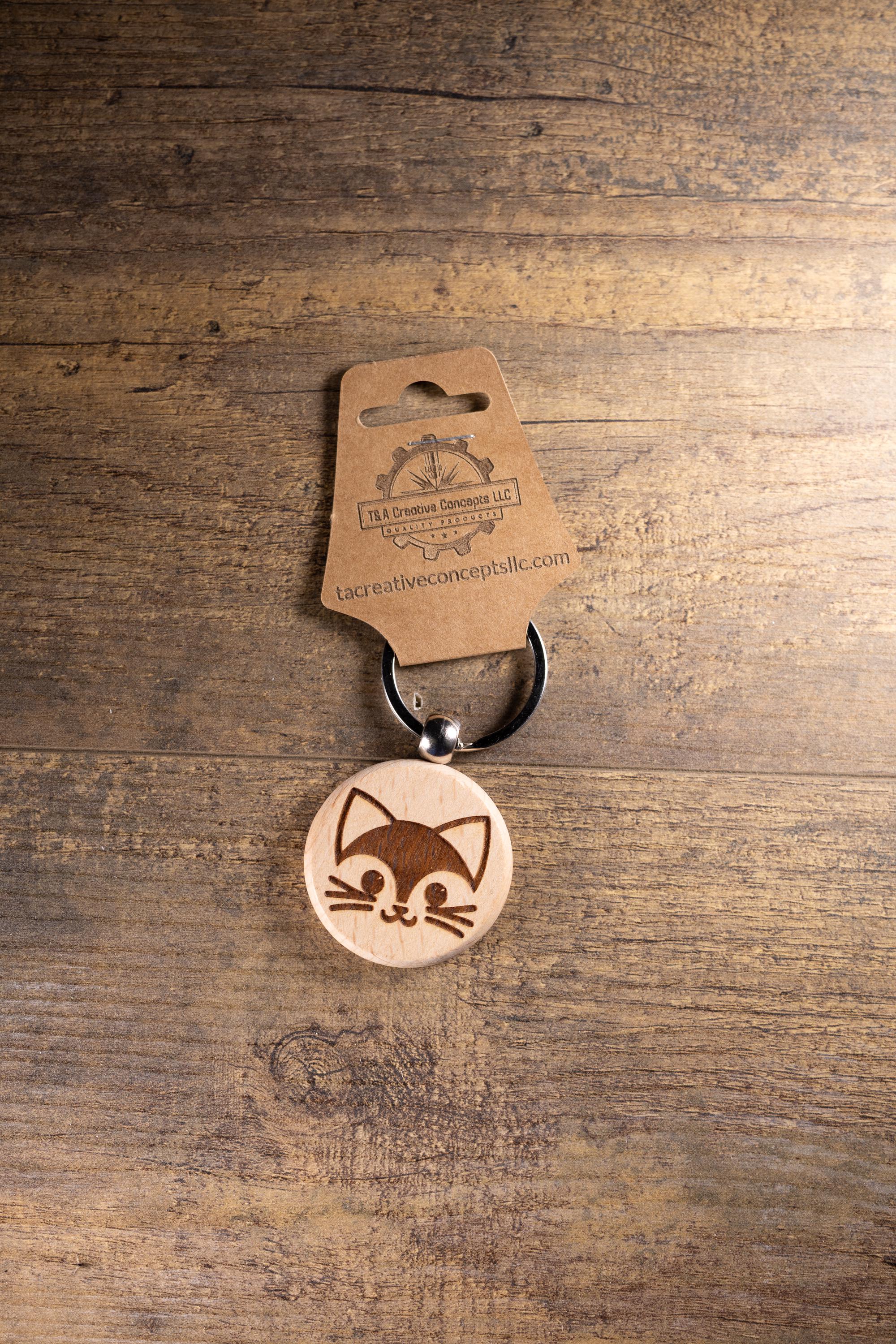 Laser Engraved Wood Cat Keychain / Bag Charm – Cute Cat Lover Gift – Natural Wood Cat Accessory