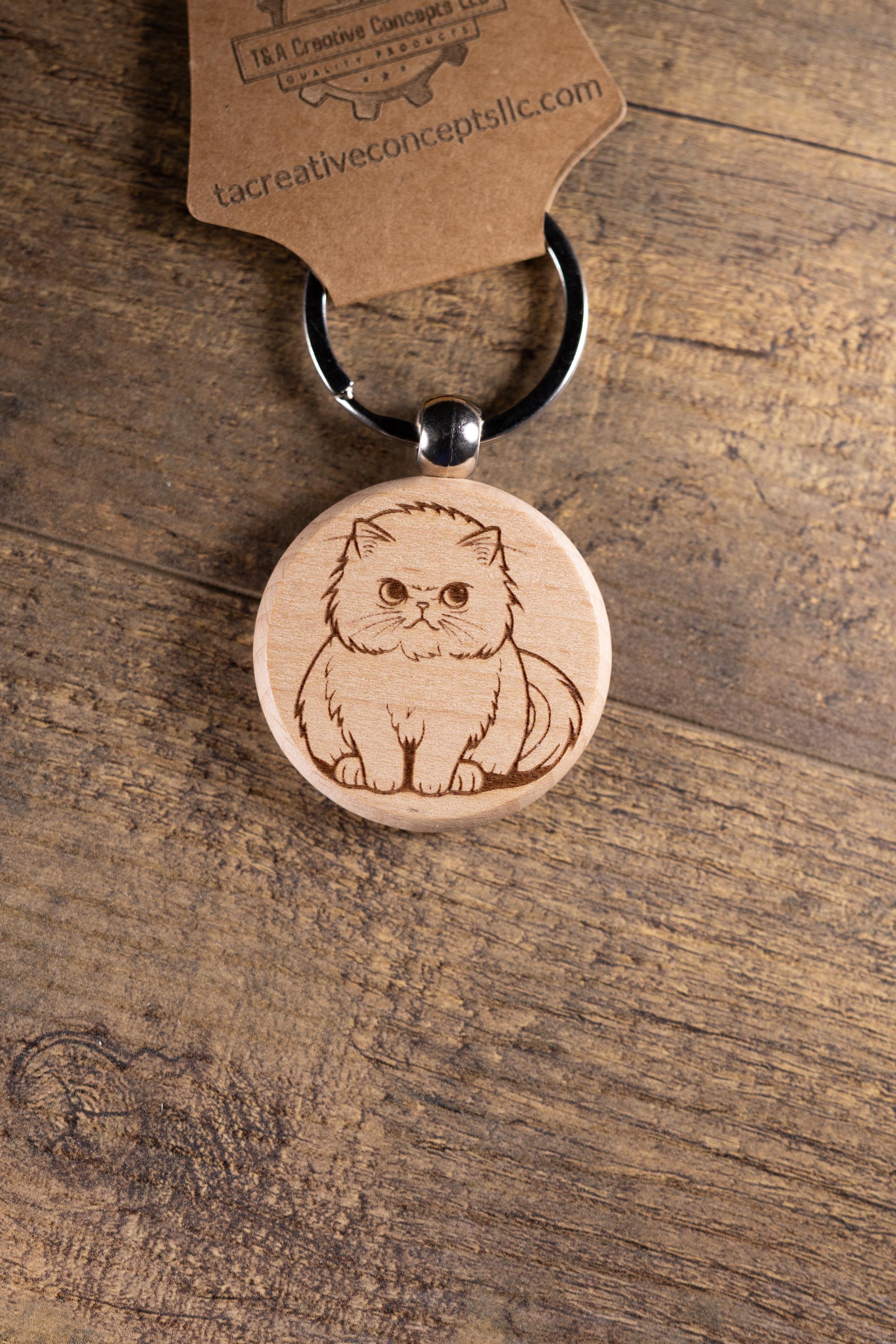 Laser Engraved Wood Cat Keychain / Bag Charm – Cute Cat Lover Gift – Natural Wood Cat Accessory
