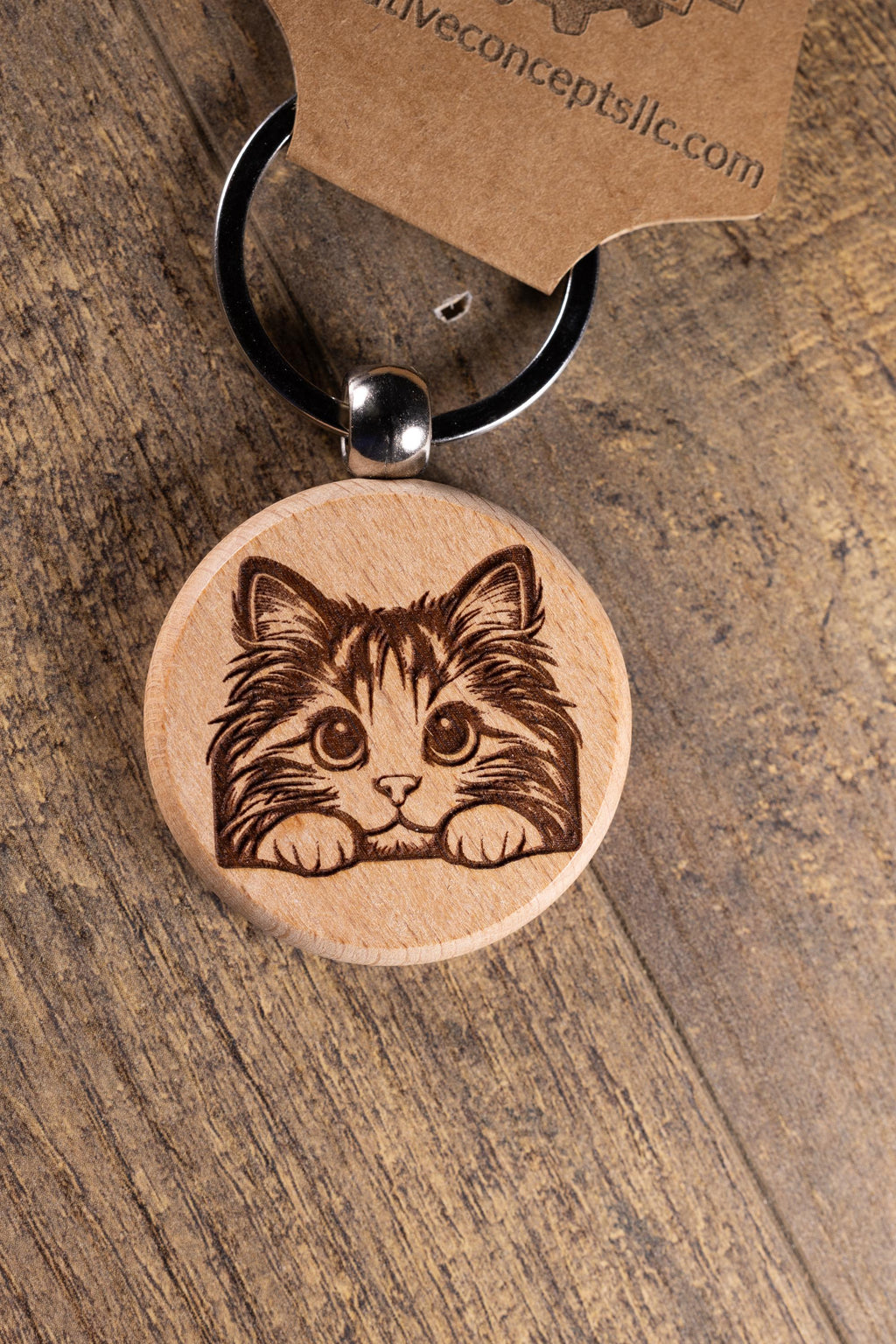Laser Engraved Wood Cat Keychain / Bag Charm – Cute Cat Lover Gift – Natural Wood Cat Accessory