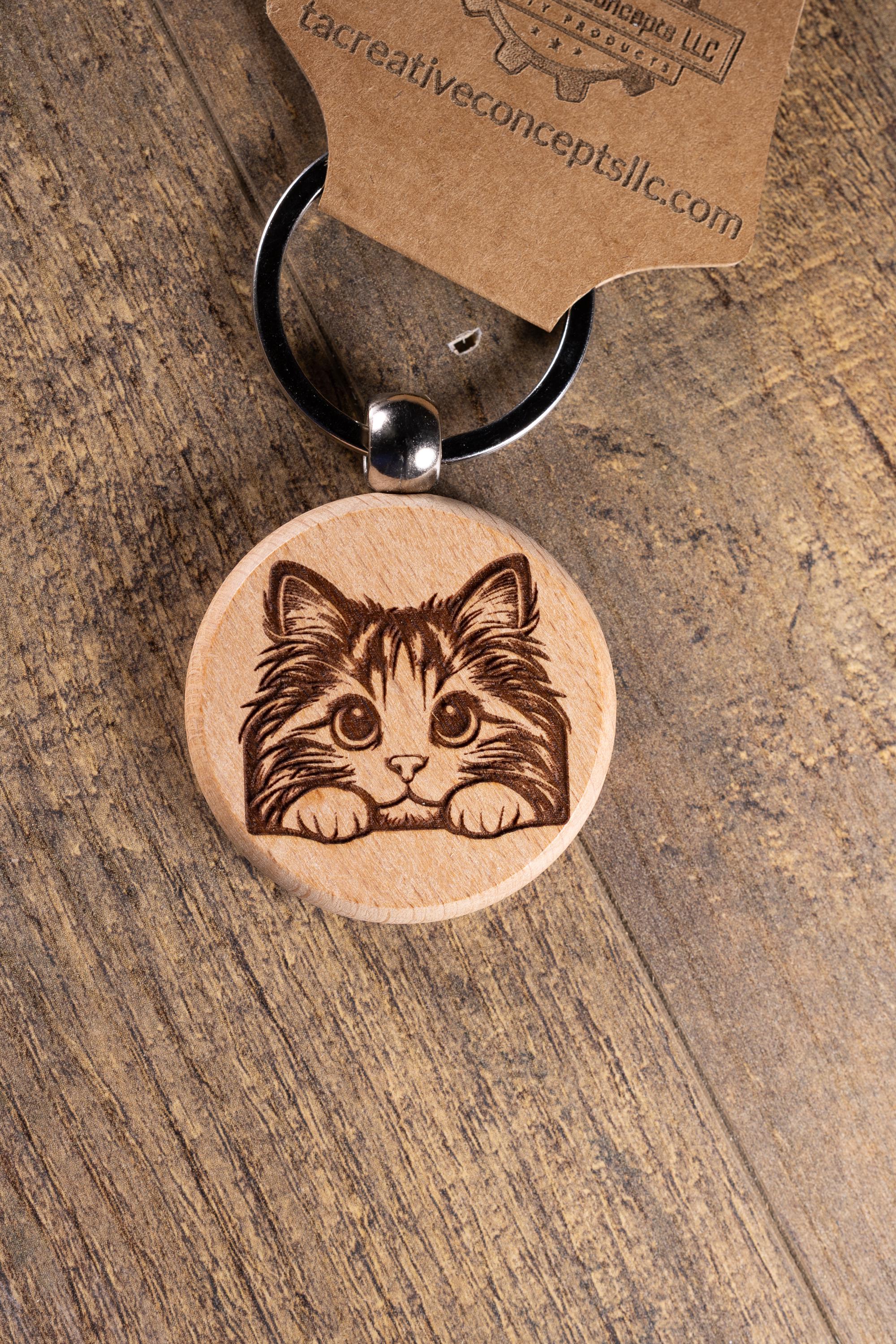 Laser Engraved Wood Cat Keychain / Bag Charm – Cute Cat Lover Gift – Natural Wood Cat Accessory