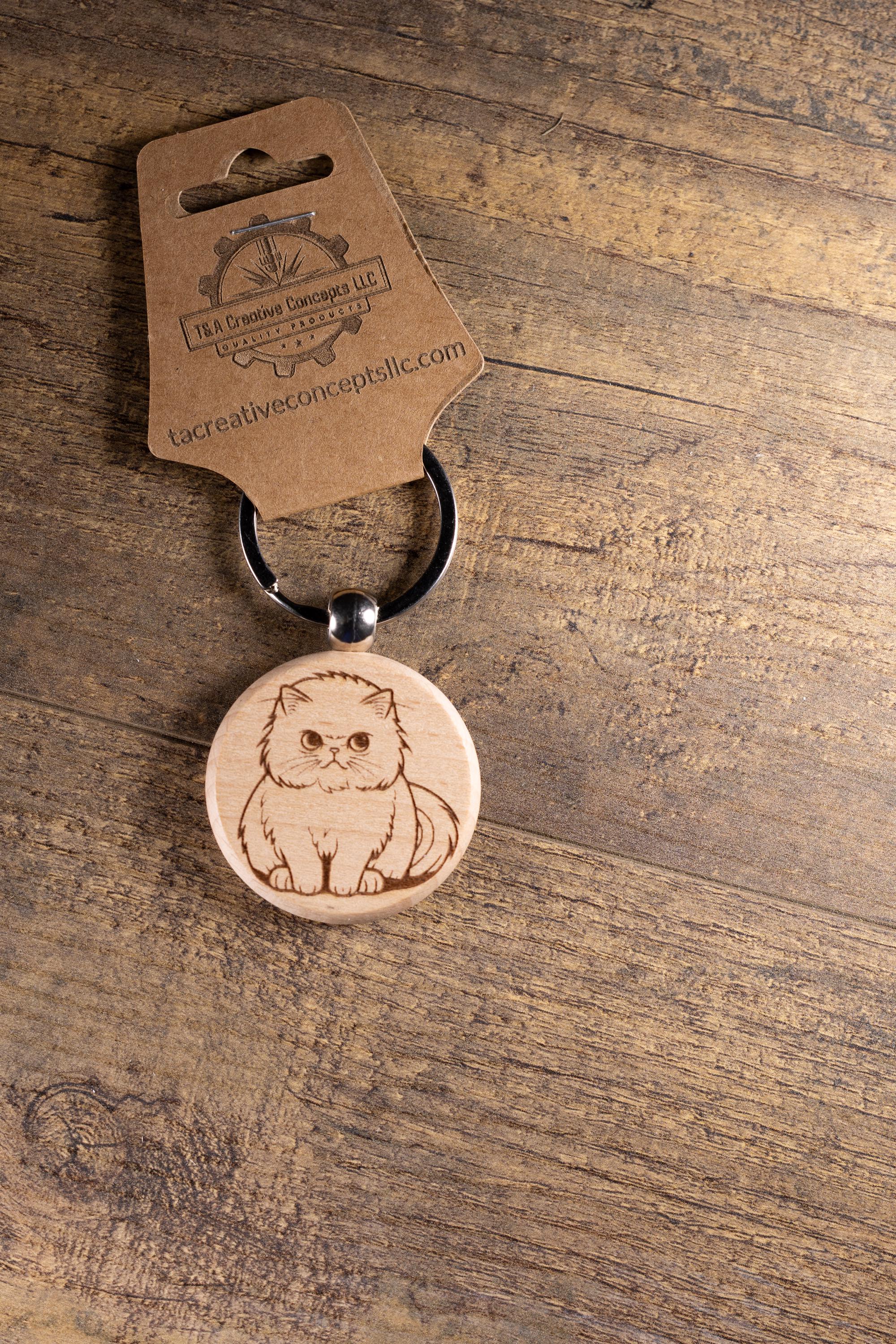 Laser Engraved Wood Cat Keychain / Bag Charm – Cute Cat Lover Gift – Natural Wood Cat Accessory