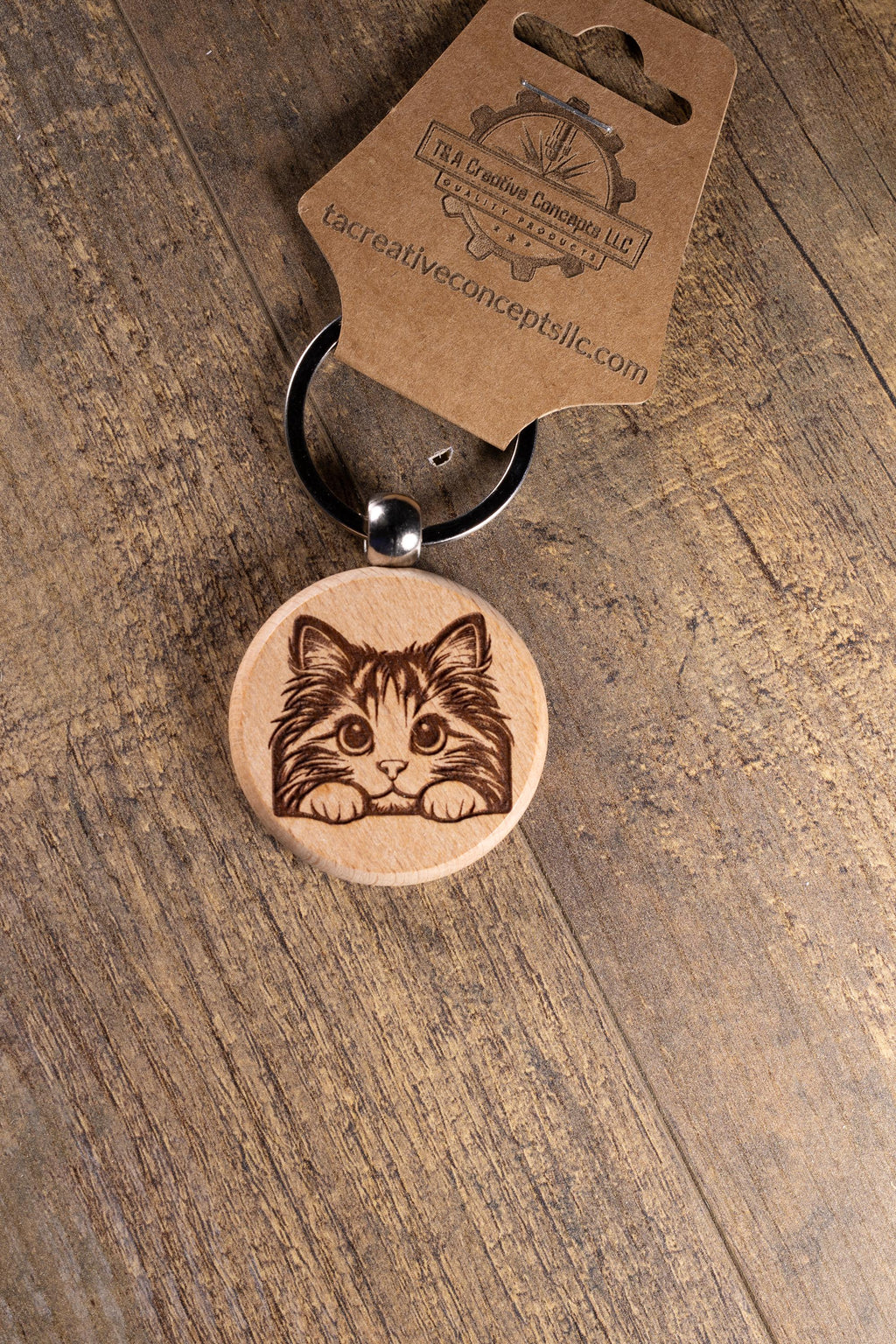 Laser Engraved Wood Cat Keychain / Bag Charm – Cute Cat Lover Gift – Natural Wood Cat Accessory