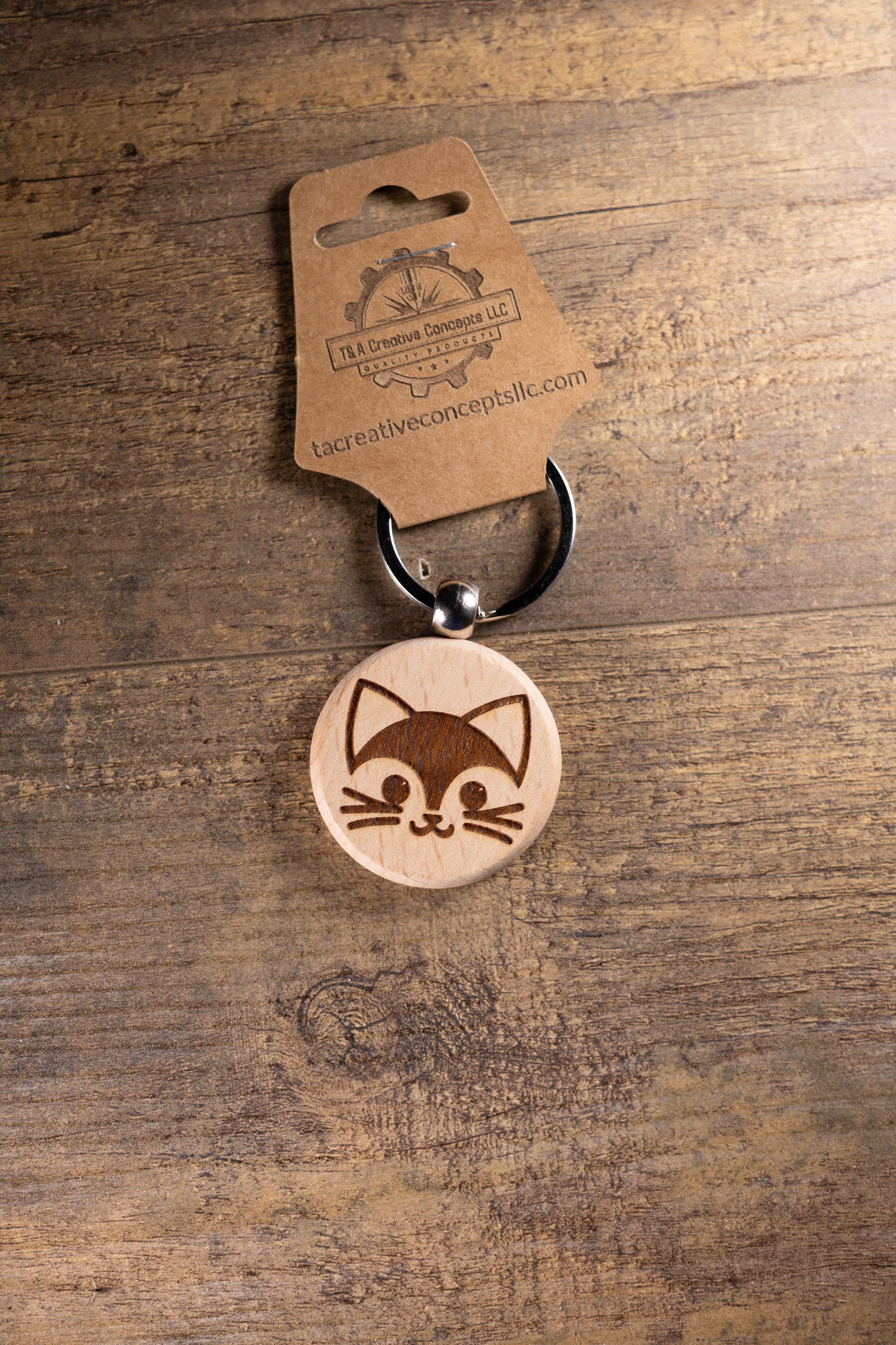 Laser Engraved Wood Cat Keychain / Bag Charm – Cute Cat Lover Gift – Natural Wood Cat Accessory