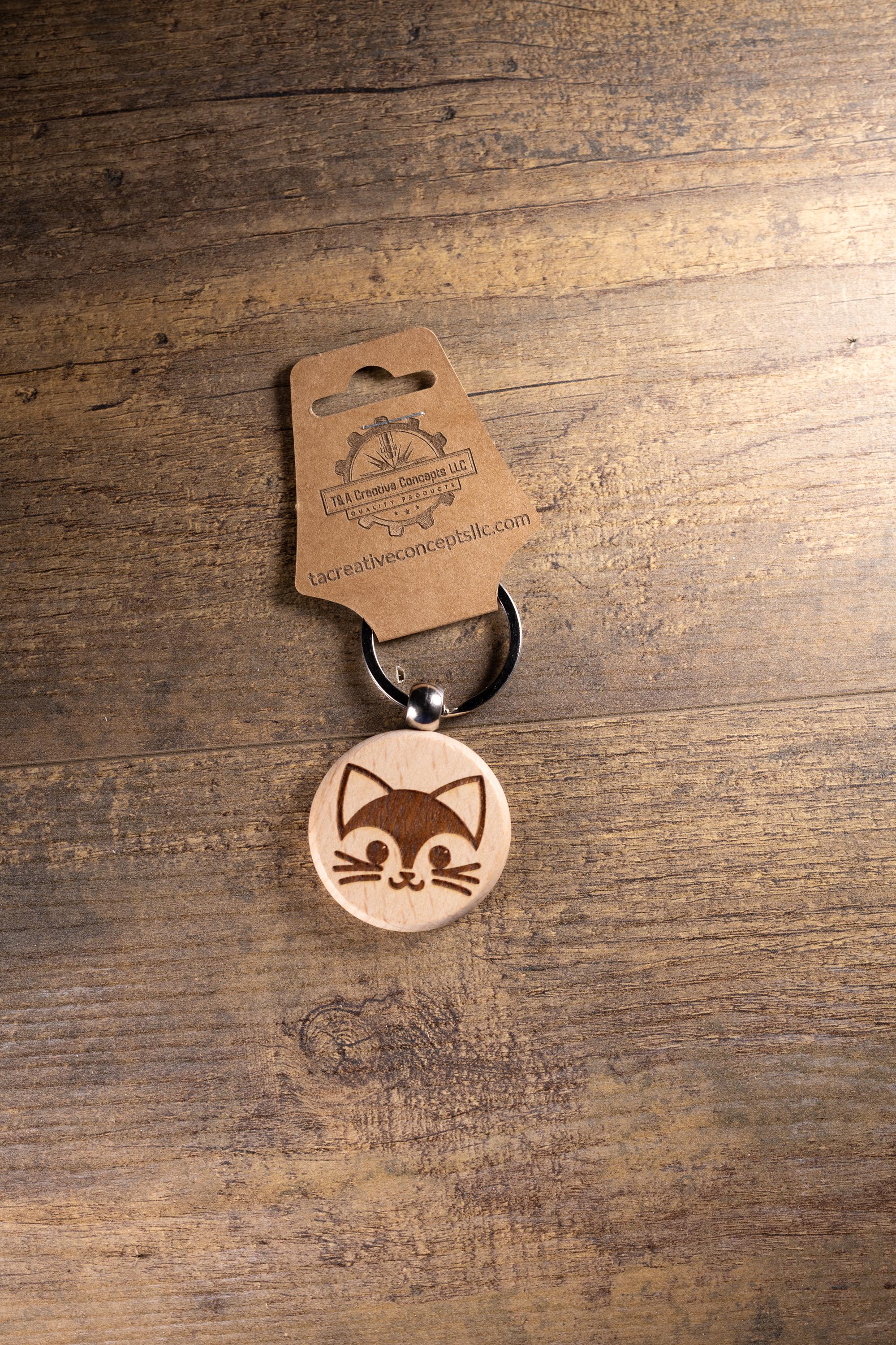 Laser Engraved Wood Cat Keychain / Bag Charm – Cute Cat Lover Gift – Natural Wood Cat Accessory