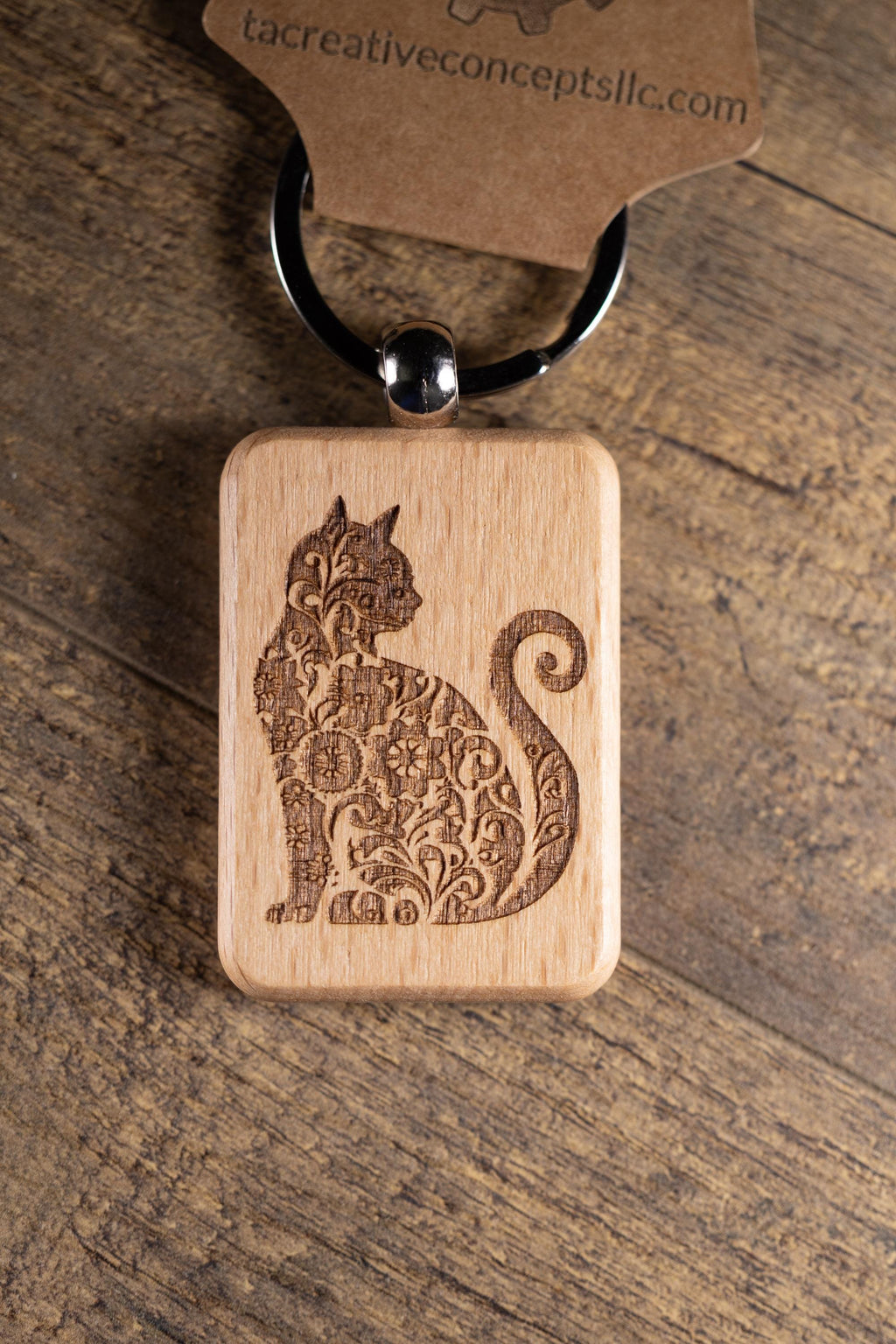 Laser Engraved Wood Cat Keychain / Bag Charm – Cute Cat Lover Gift – Natural Wood Cat Accessory