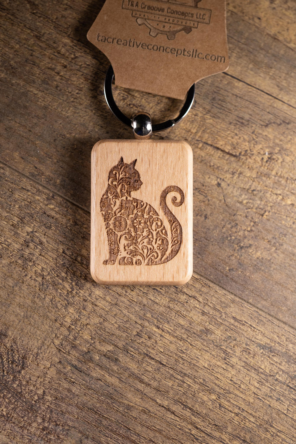 Laser Engraved Wood Cat Keychain / Bag Charm – Cute Cat Lover Gift – Natural Wood Cat Accessory