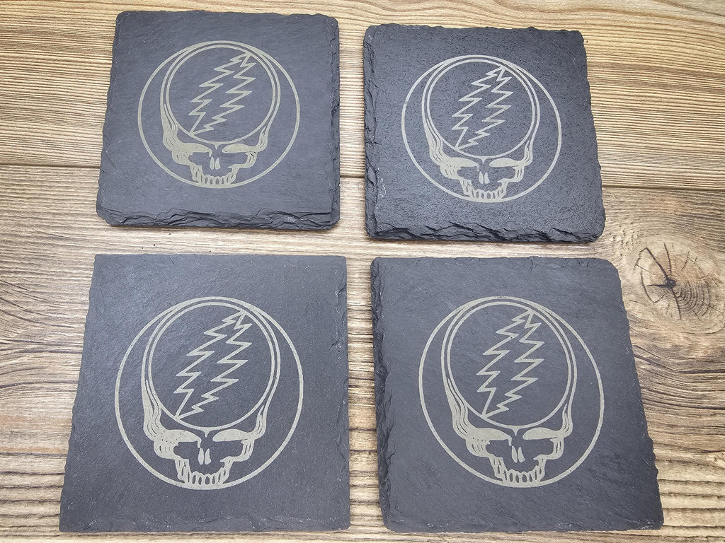 Grateful dead steal your face coasters – 4"x4", set of 4, laser engraved slate, non-marking pads, home bar gift