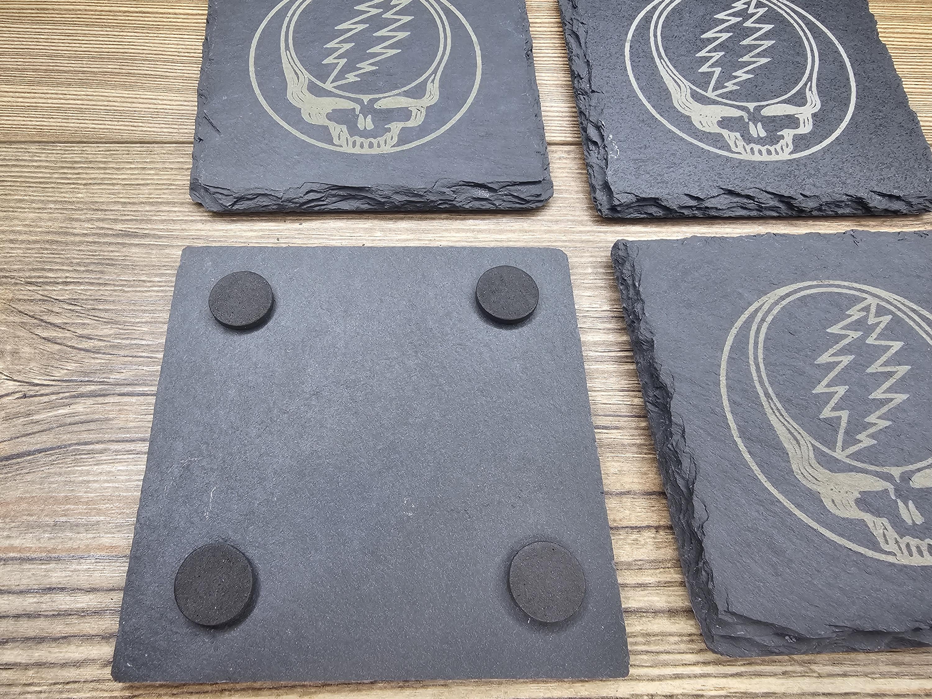 Grateful dead steal your face coasters – 4"x4", set of 4, laser engraved slate, non-marking pads, home bar gift