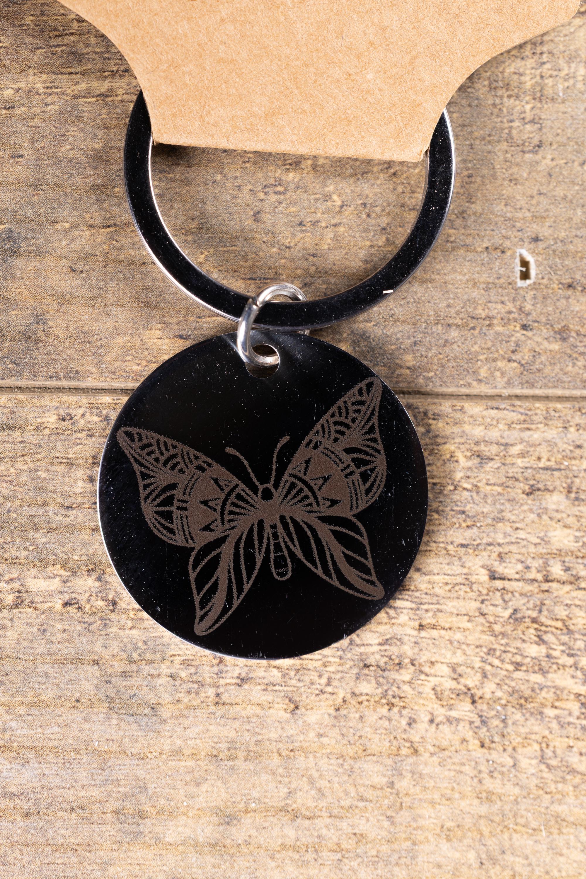 Black stainless steel butterfly keychain – laser engraved insect gift for her – nature lover metal key ring