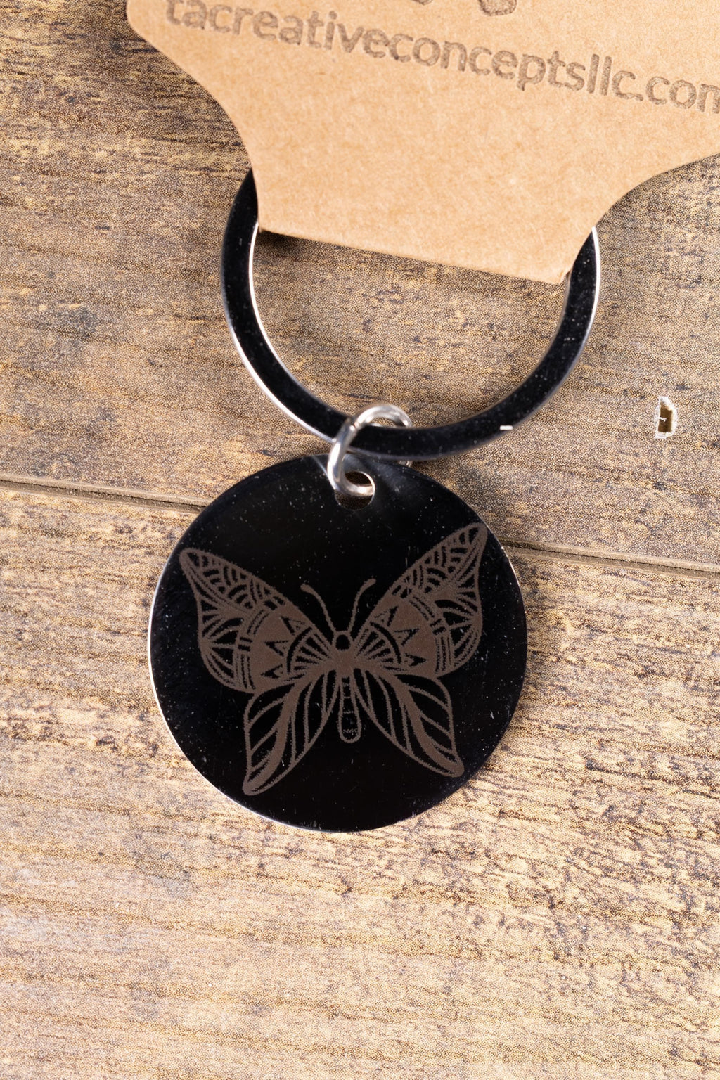 Black stainless steel butterfly keychain – laser engraved insect gift for her – nature lover metal key ring